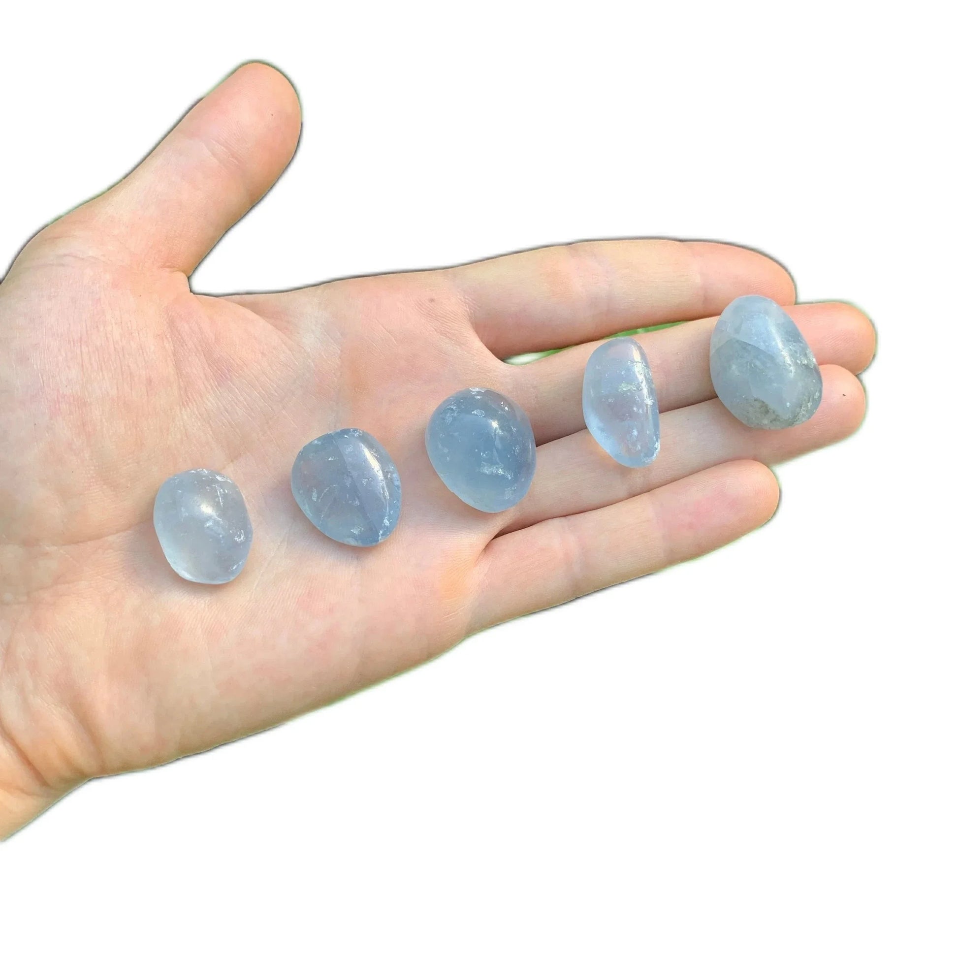 Full profile of Grade AA Celestite tumbled stone ready to ship from Beyond Bohemian