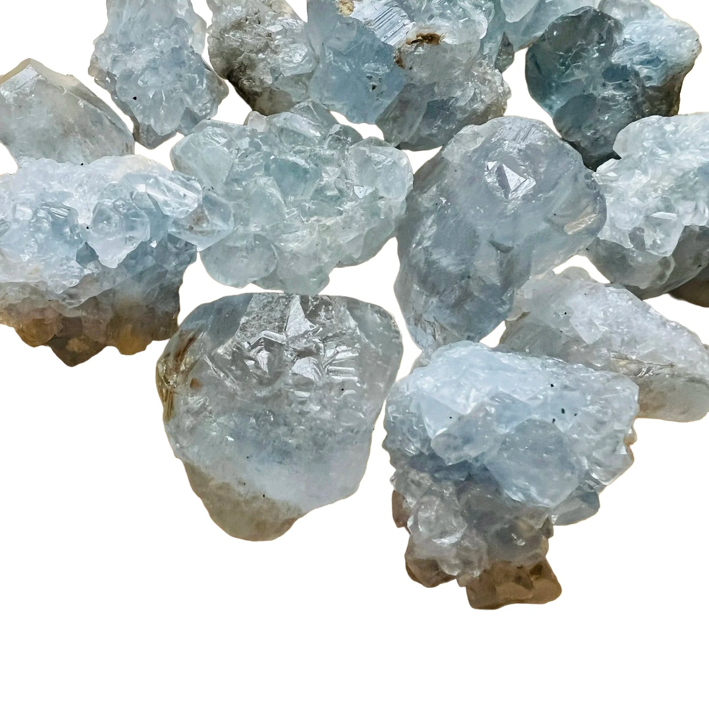 Close detail of Celestite raw stone, showing untreated character, hand-selected from Sakoany, Madagascar.