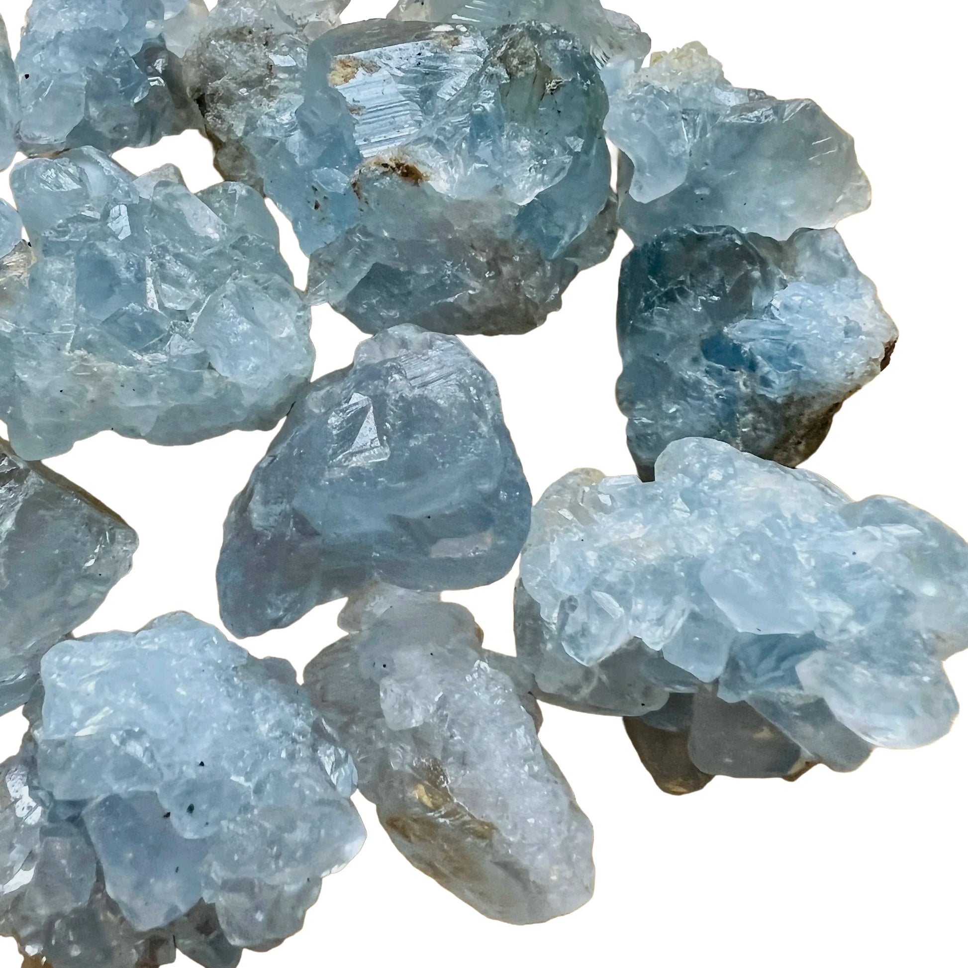 Edge-on view of Celestite raw stone, showing natural banding.