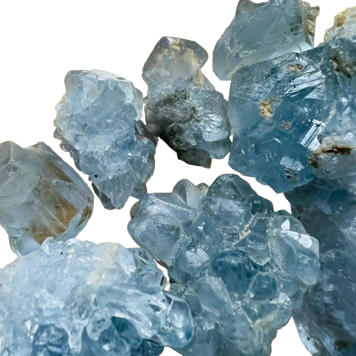 Plan view of blue Celestite raw stone, showing subtle veining.