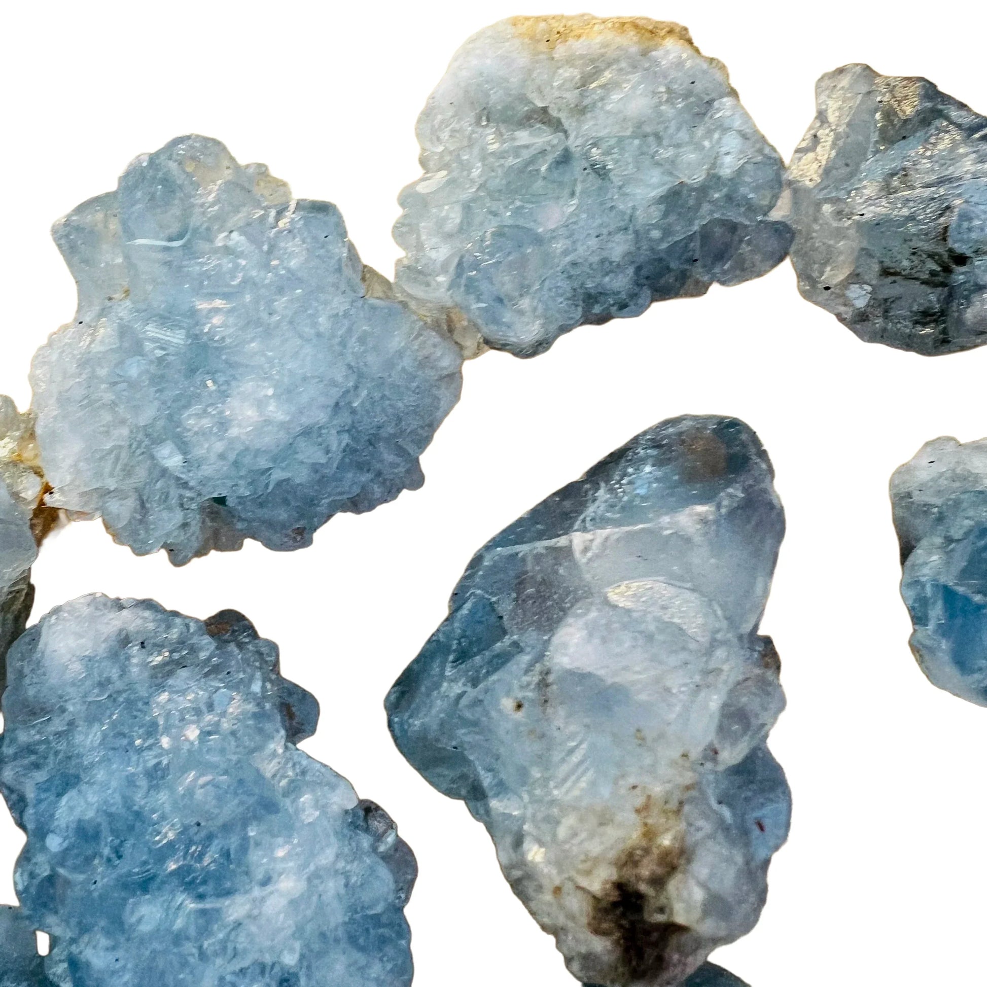 Plan view of blue Celestite raw stone, Madagascar-sourced.