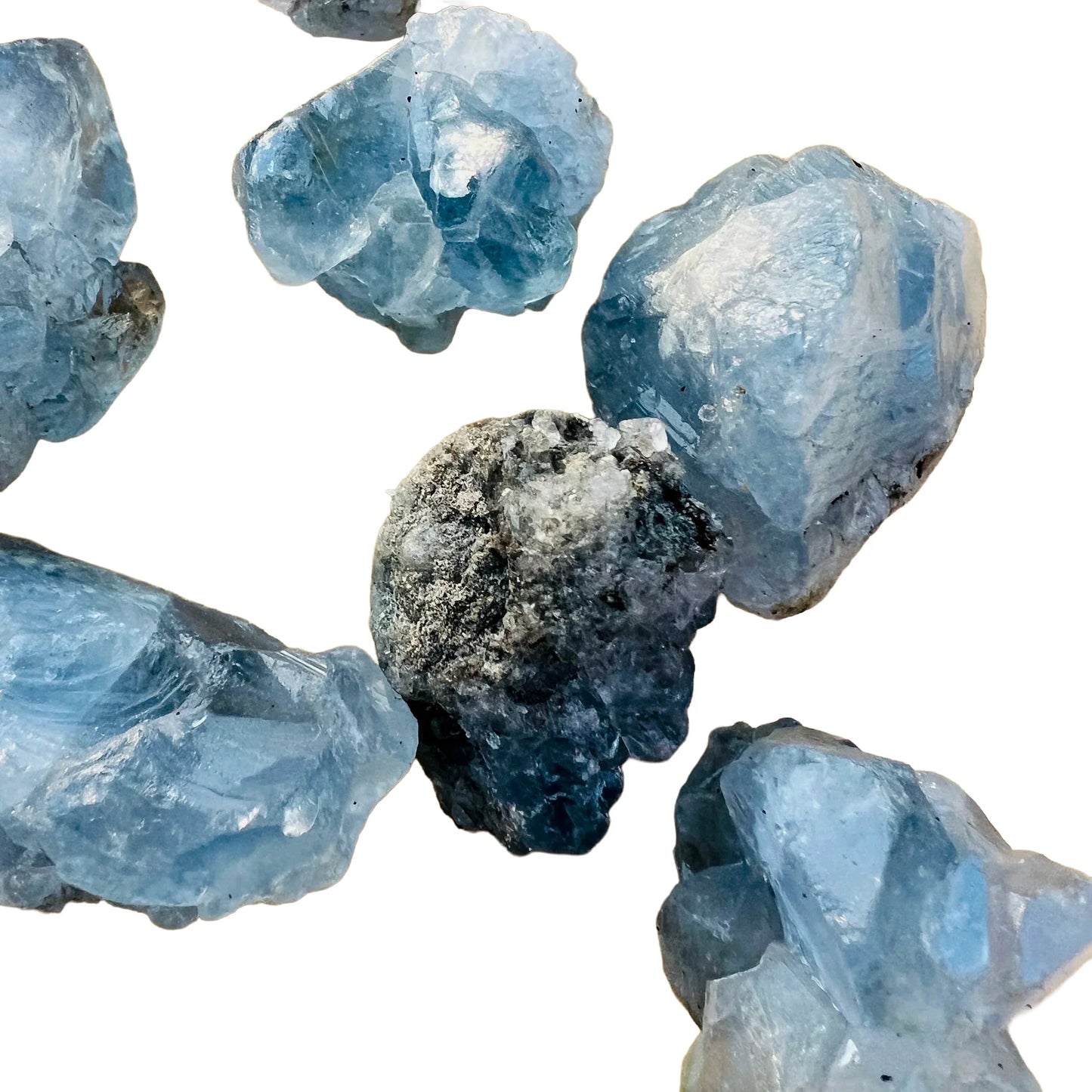 Underside view of Celestite raw stone, from Sakoany, Madagascar.