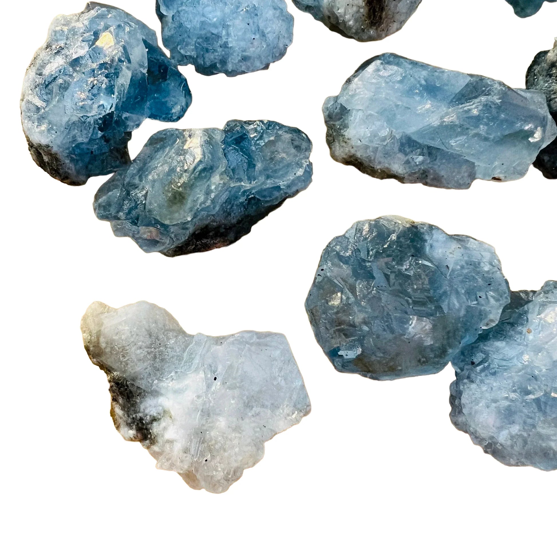 In-hand view of a single Celestite raw stone from Madagascar.