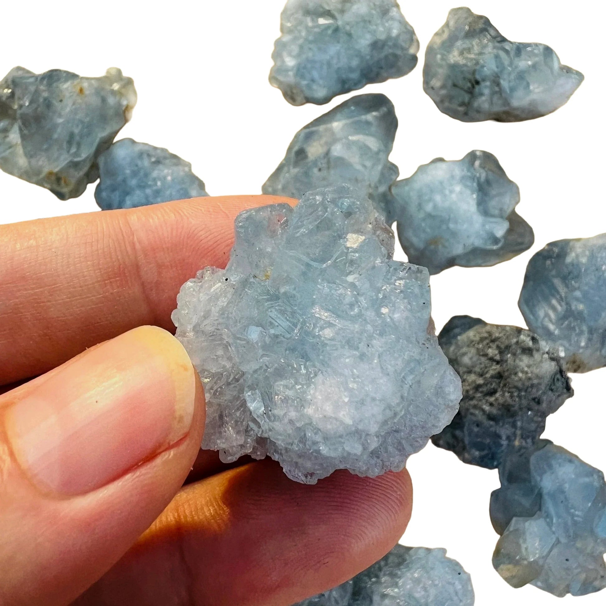 Detail shot of Grade AA Celestite raw under natural light