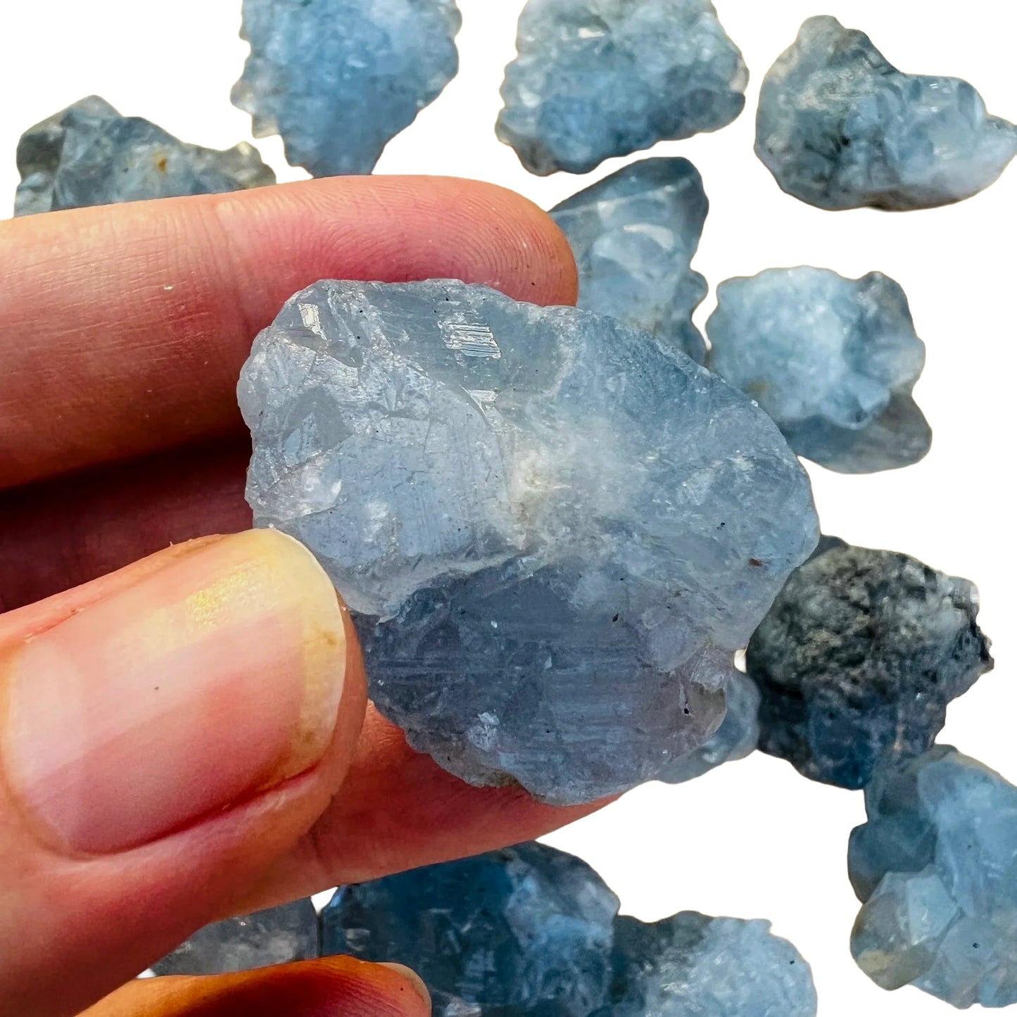 Full profile of Grade AA Celestite raw ready to ship from Beyond Bohemian