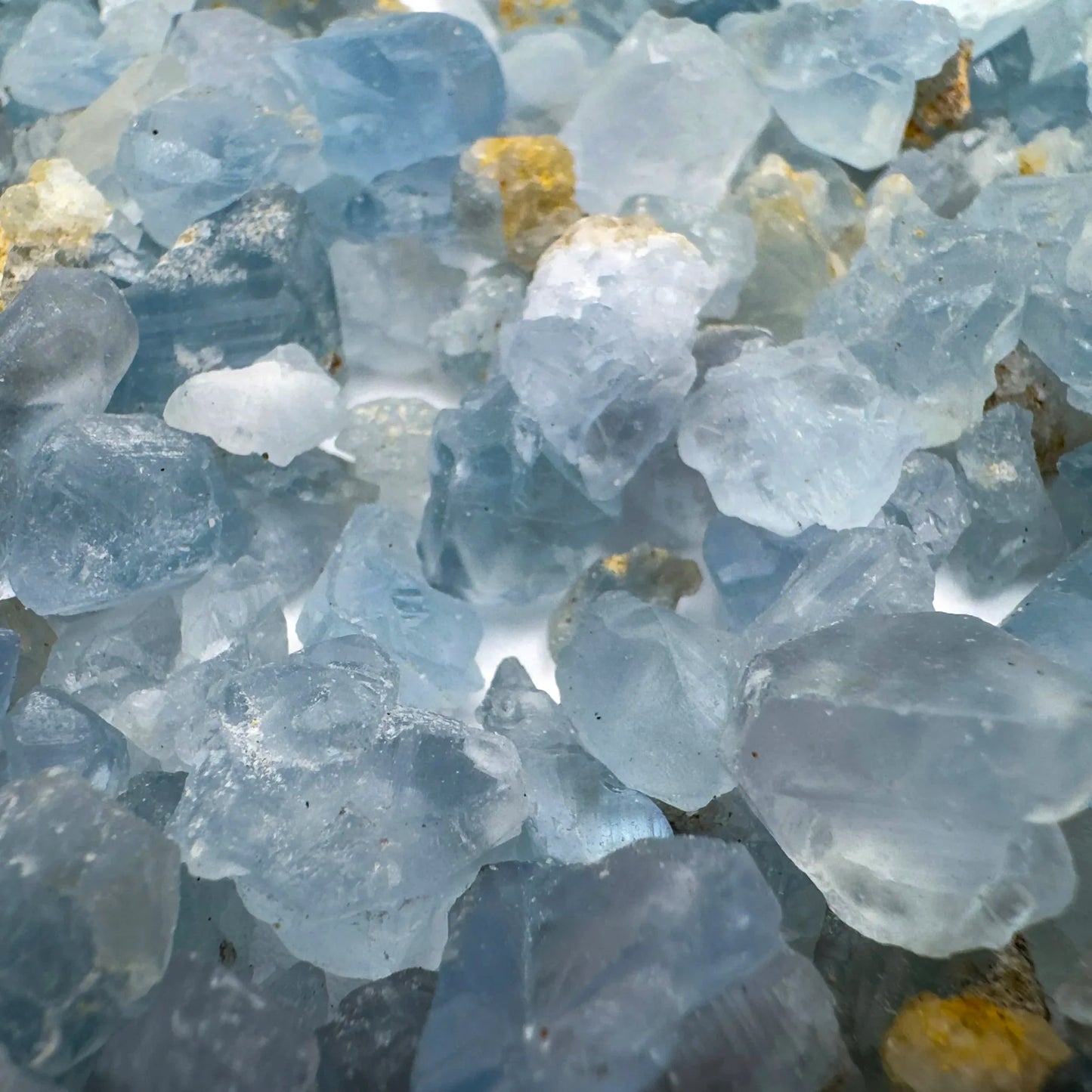 Top angle of Celestite raw stone, hand-selected from Sakoany, Madagascar, showing natural sheen.