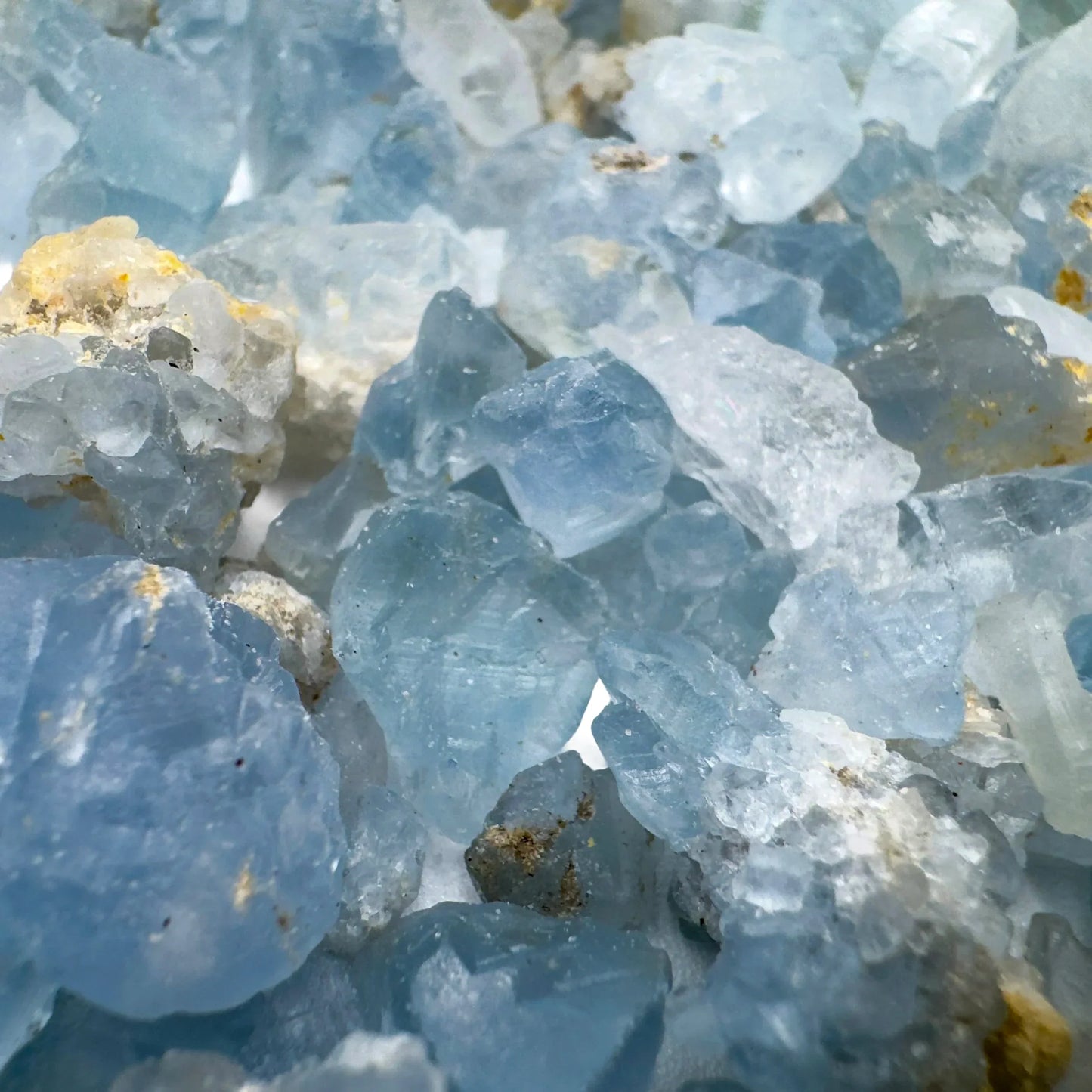 Back view of Celestite raw stone, showing untreated character, often kept for Stress Relief.