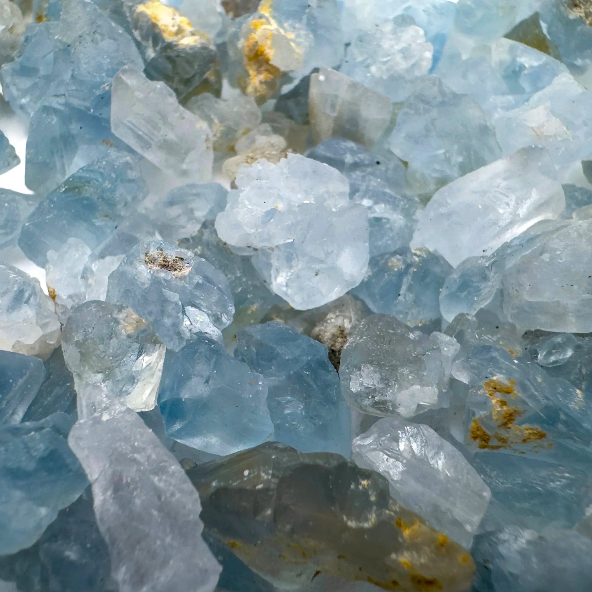 Hand-scale shot of a Celestite raw stone, hand-selected from Sakoany, Madagascar.