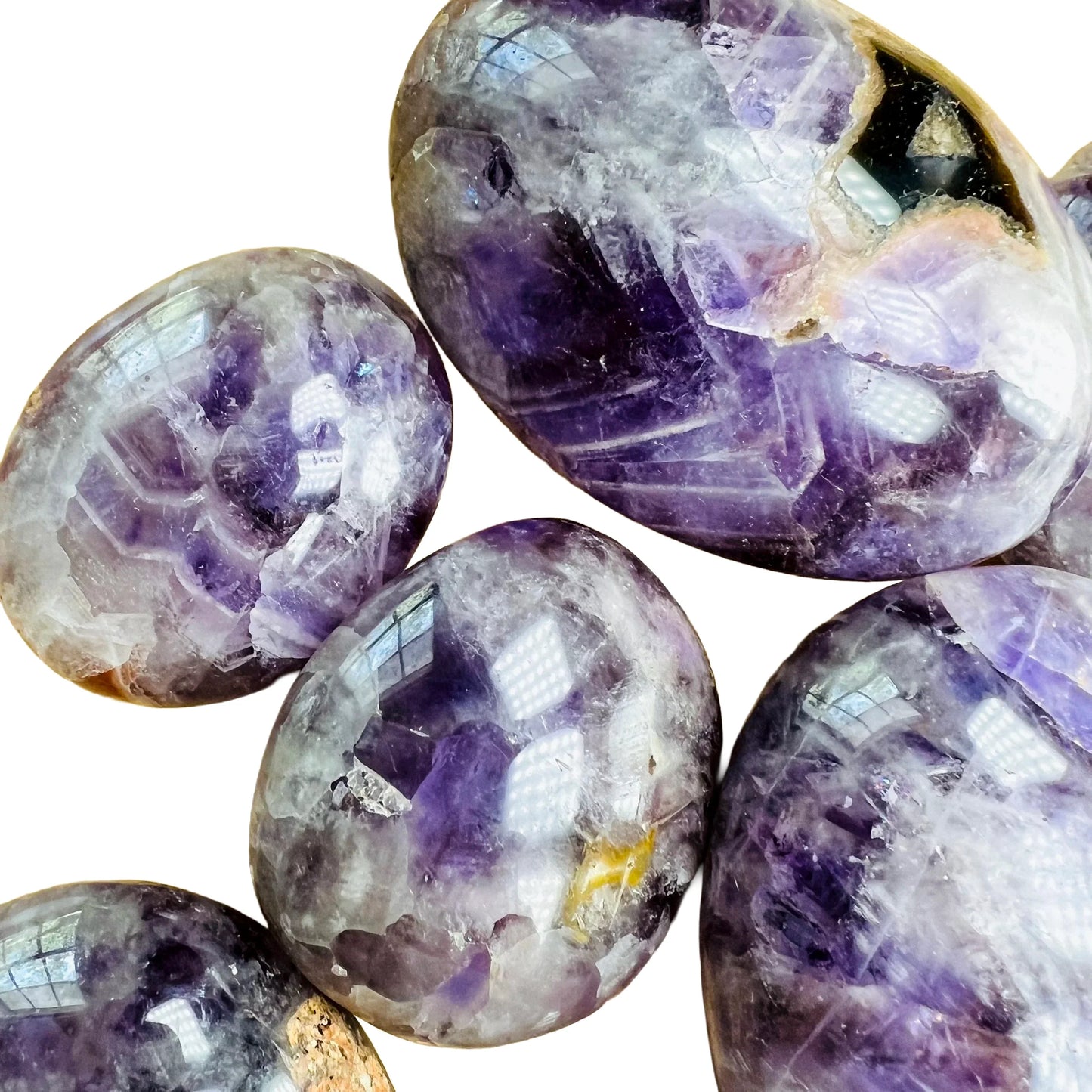 Detail of Chevron Amethyst palm stone, showing natural variation.