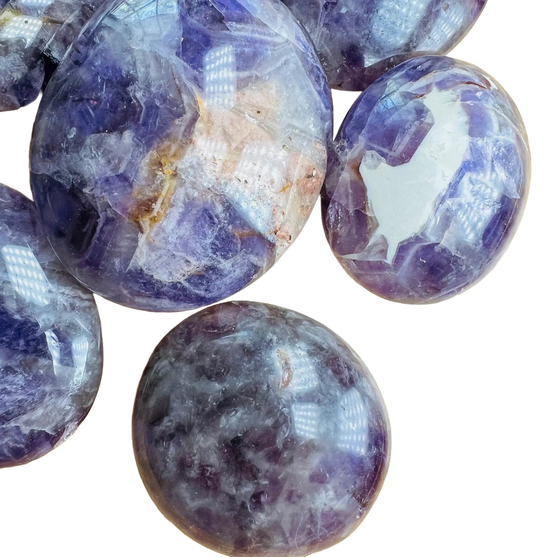 Top-side view of Chevron Amethyst palm stone, from Madagascar.
