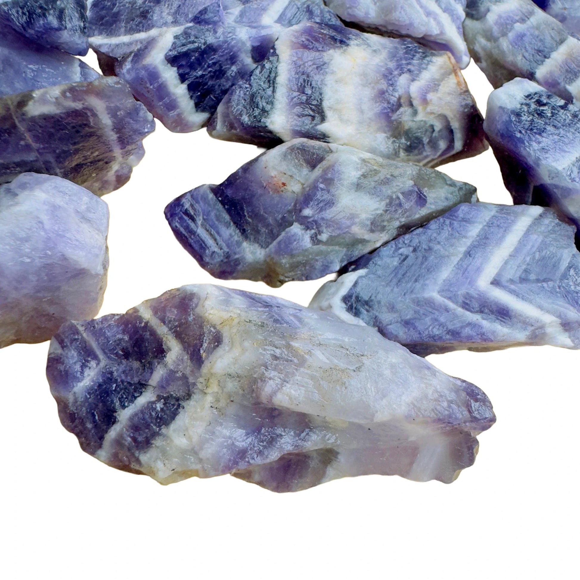 Profile view of Chevron Amethyst raw stone, often kept for Intuition, hand-selected from Copperbelt Province, Zambia.