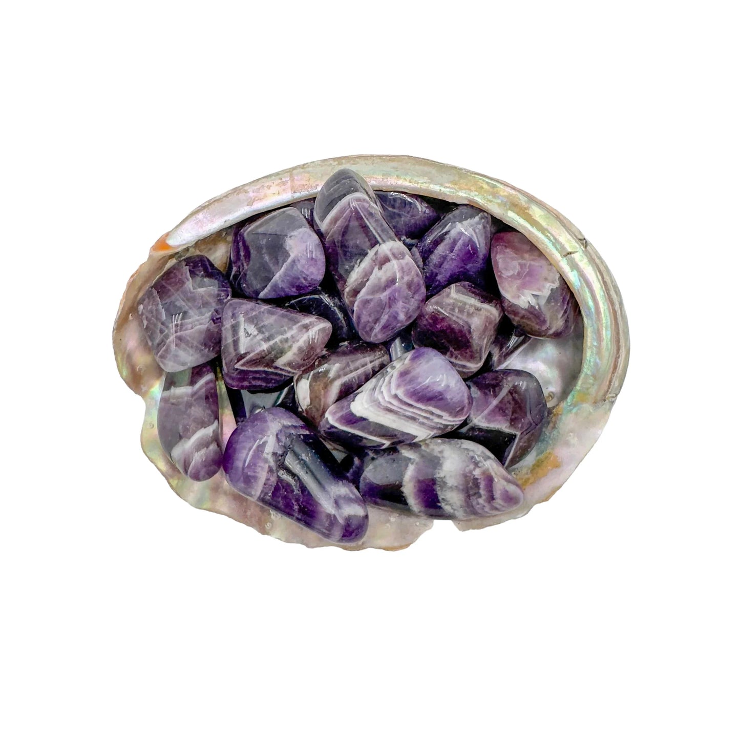 Grain detail of Chevron Amethyst tumbled stone, showing characteristic finish, from Copperbelt Province, Zambia.