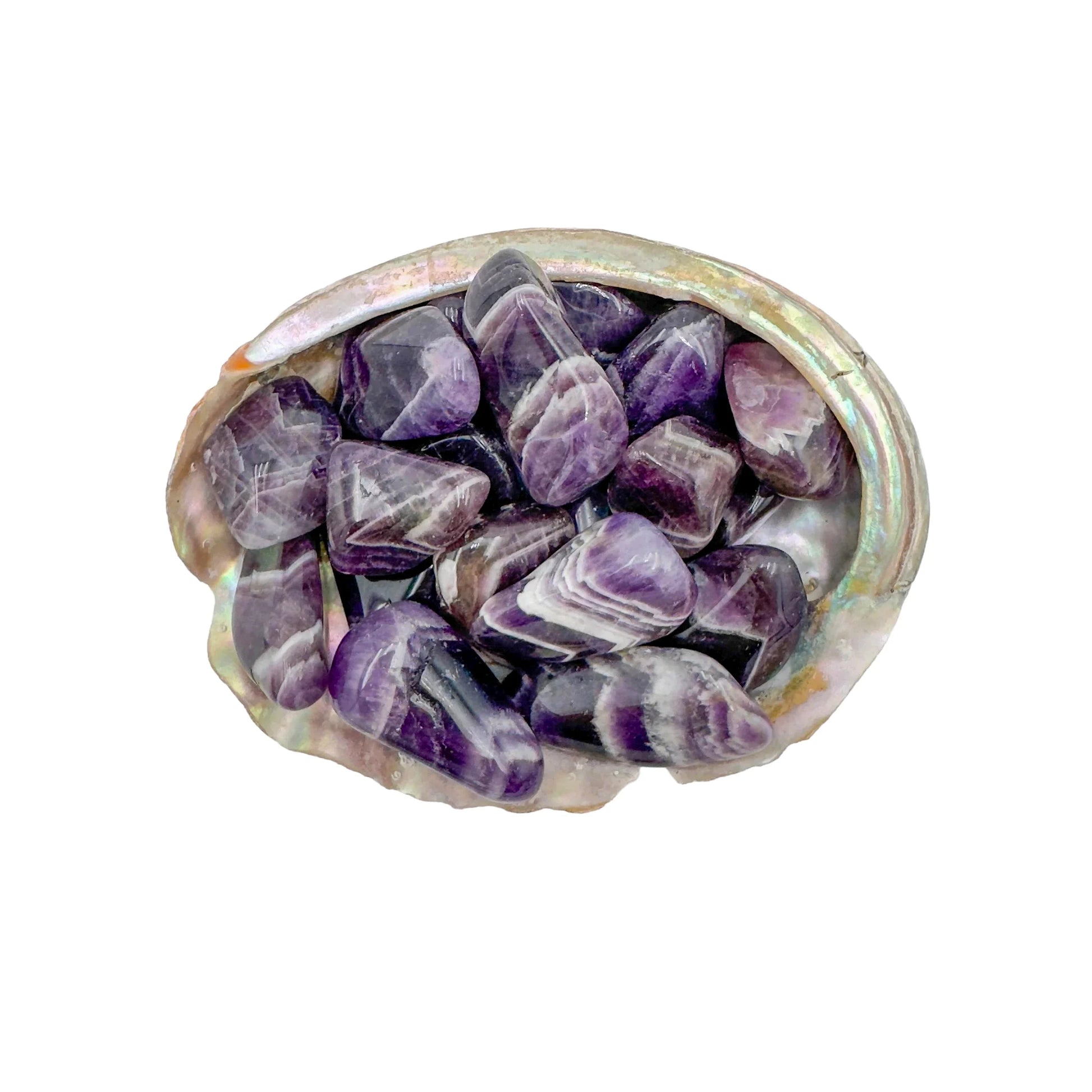 Grain detail of Chevron Amethyst tumbled stone, showing characteristic finish, from Copperbelt Province, Zambia.
