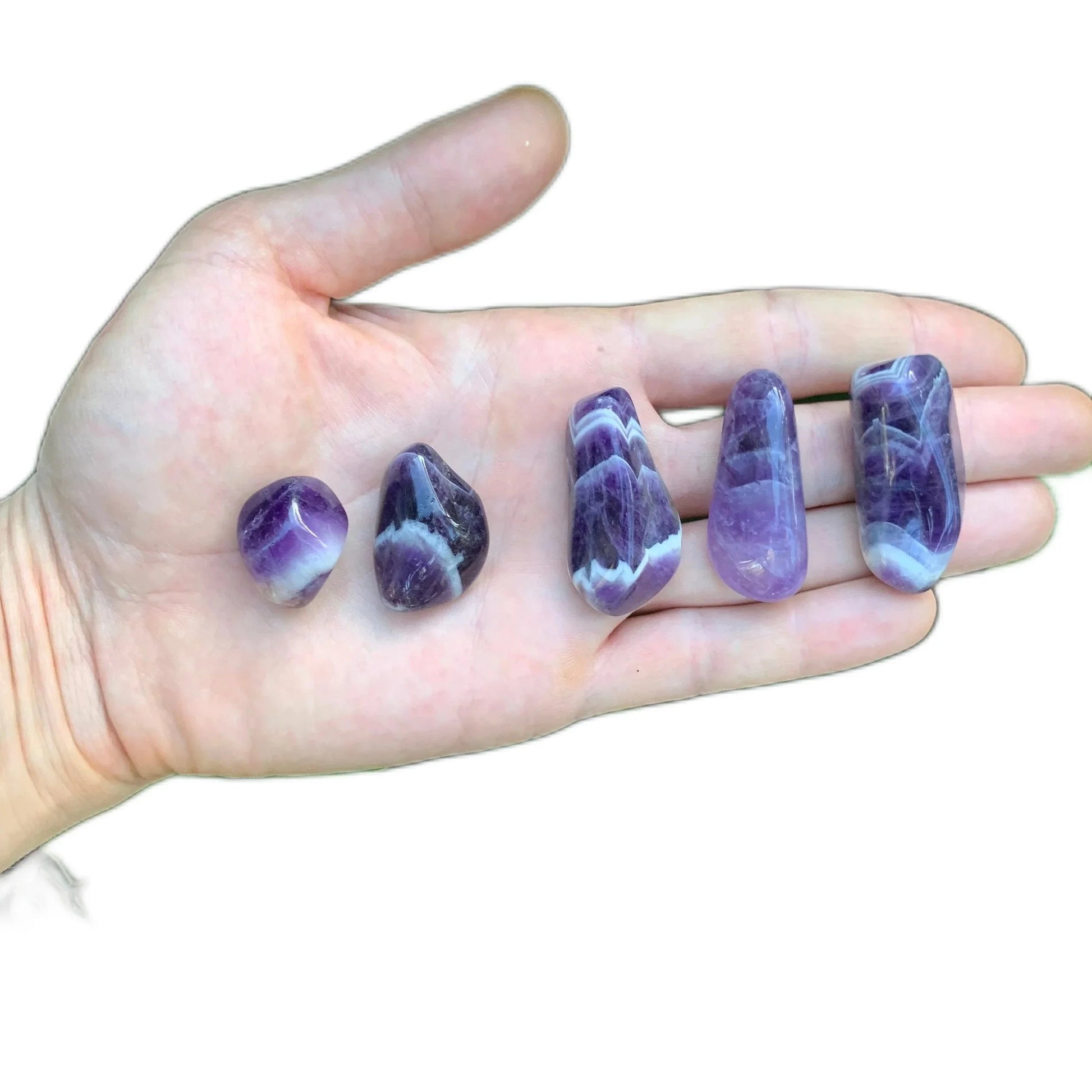 Back view of Grade AA Chevron Amethyst tumbled stone showing natural surface
