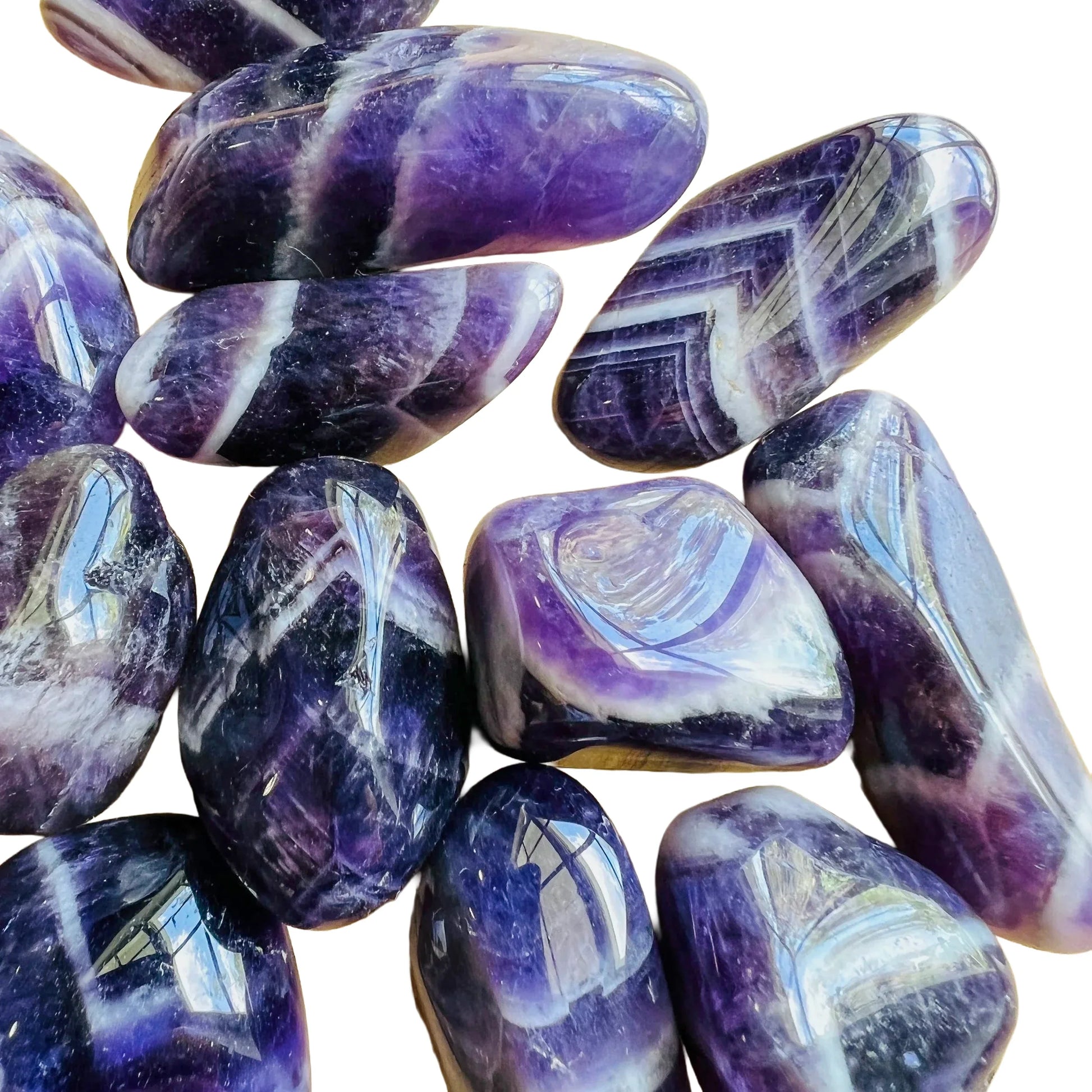 Opposite side of Chevron Amethyst tumbled stone, Zambia-sourced, carried for Intuition.