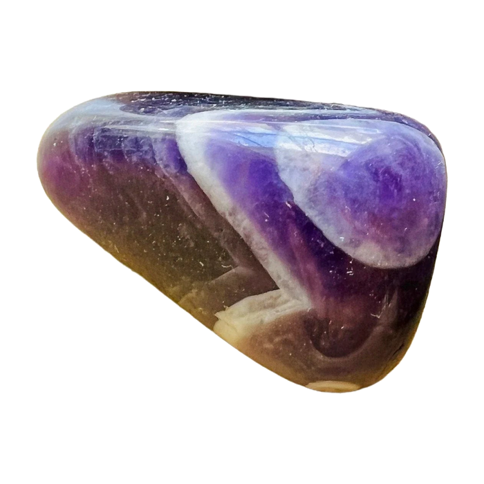 Chevron Amethyst Tumbled Stones, AA Grade, Zambia: one representative stone on a white background