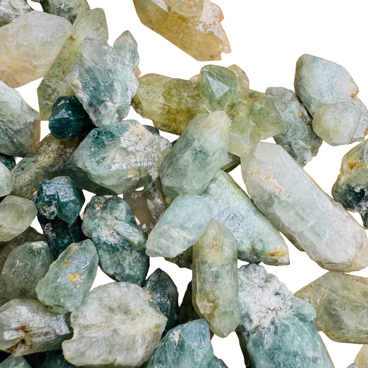 Top-down shot of Chlorite Quartz raw point, drawn on for Healing and Cleansing, showing tight grain.