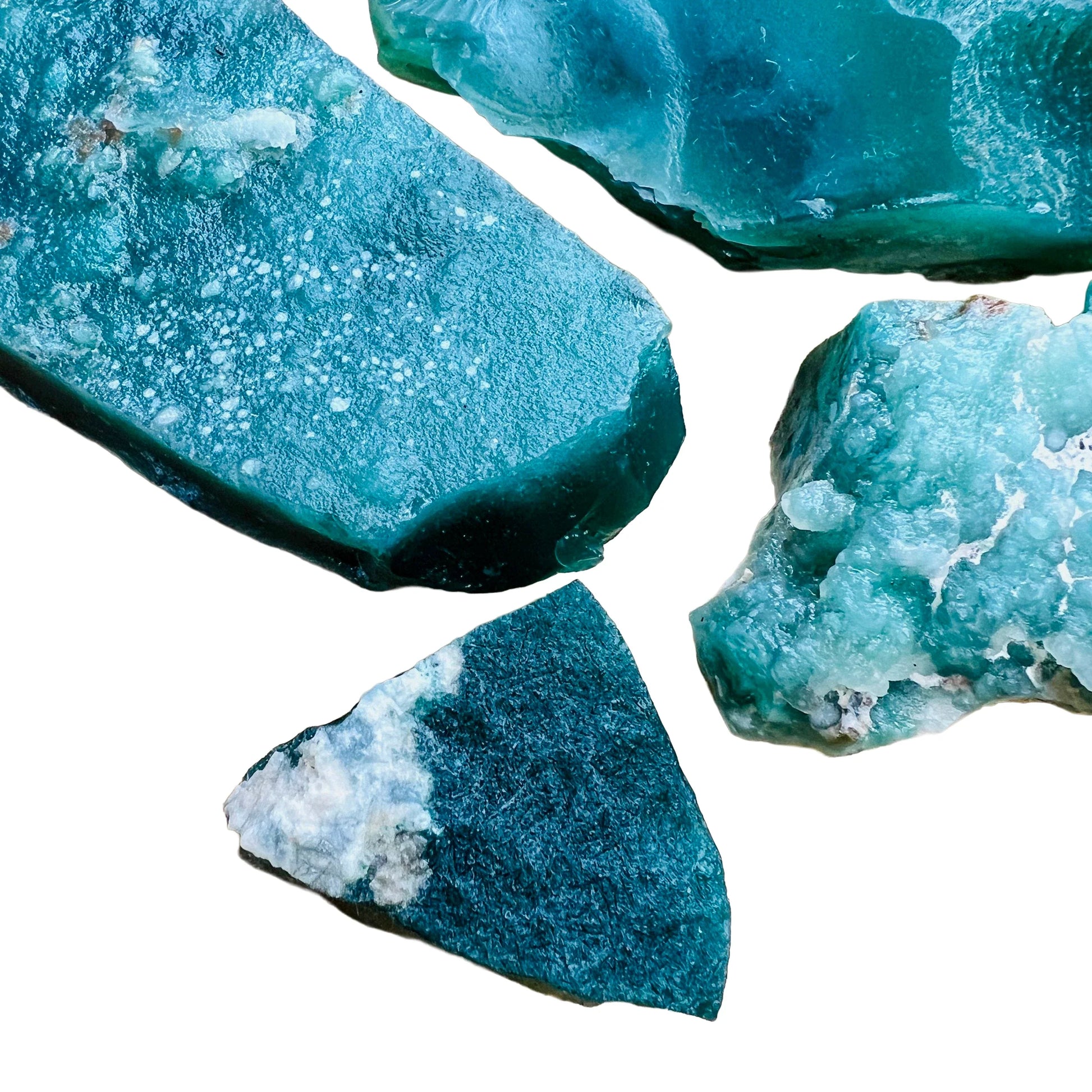 Top-side view of Grade A Chalcedony raw stone, to support Stress Relief, showing characteristic color.