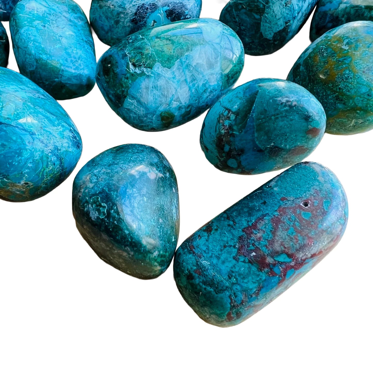 Side angle of Chrysocolla tumbled stone, Peru-sourced.