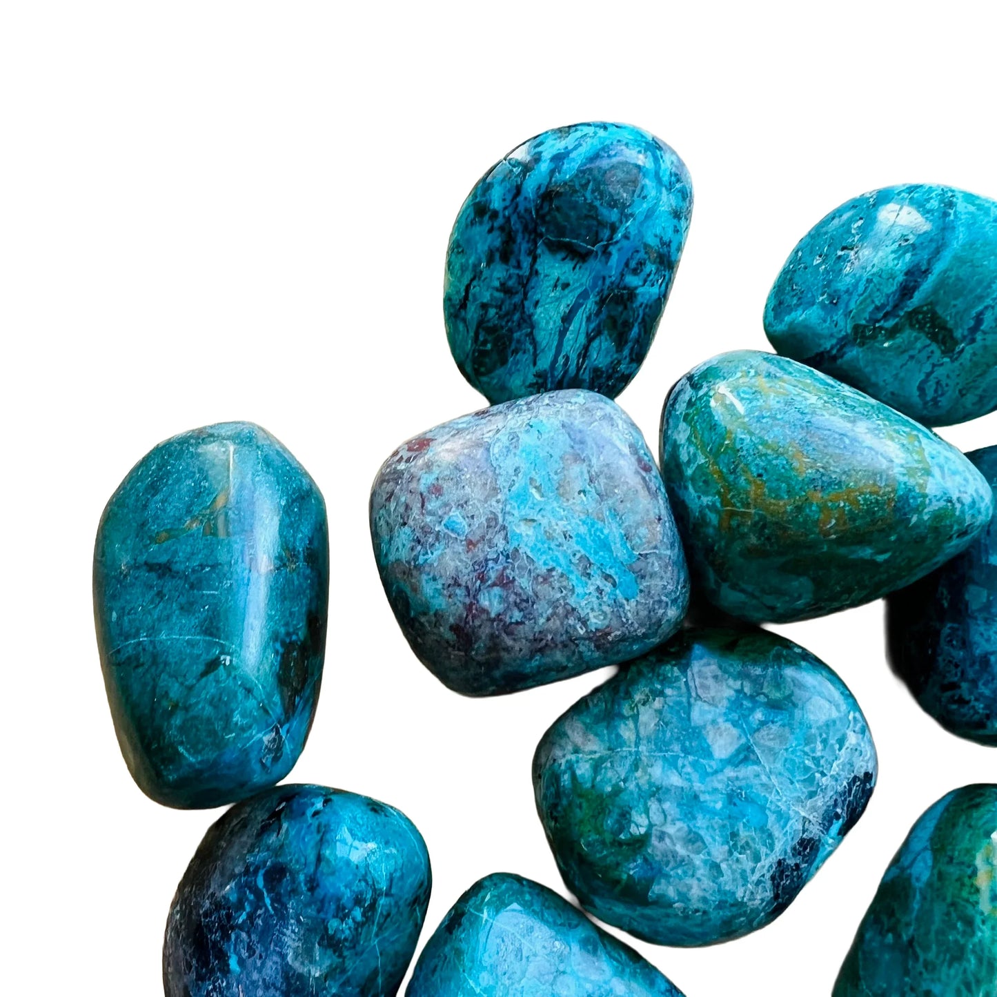 Reverse angle of Chrysocolla tumbled stone, hand-selected from Arequipa, Peru.