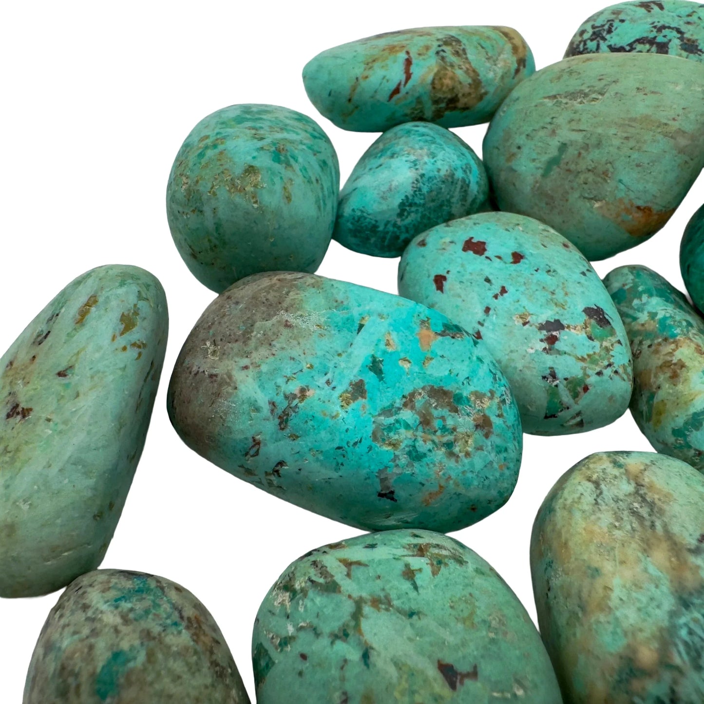 Plan view of Chrysocolla tumbled stone, from Arequipa, Peru, showing characteristic patterning.
