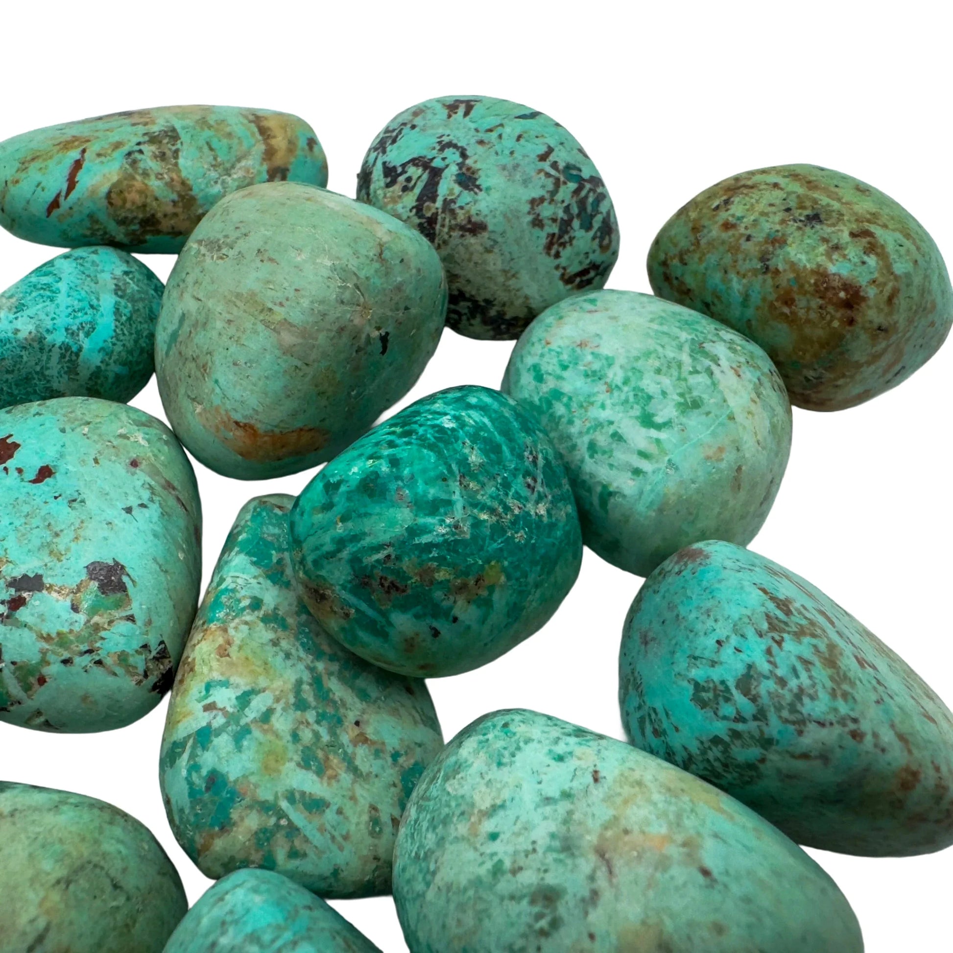 Rear view of Grade A Chrysocolla tumbled stone, sourced from Arequipa, Peru.