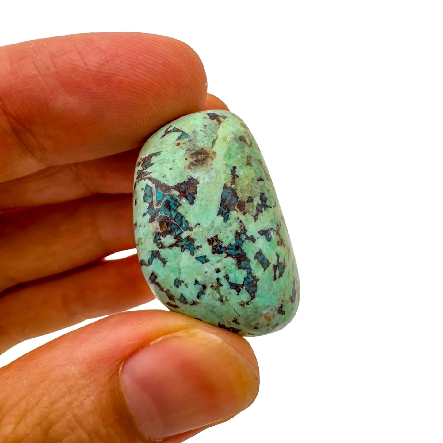 Back view of Grade A Chrysocolla tumbled stone showing natural surface