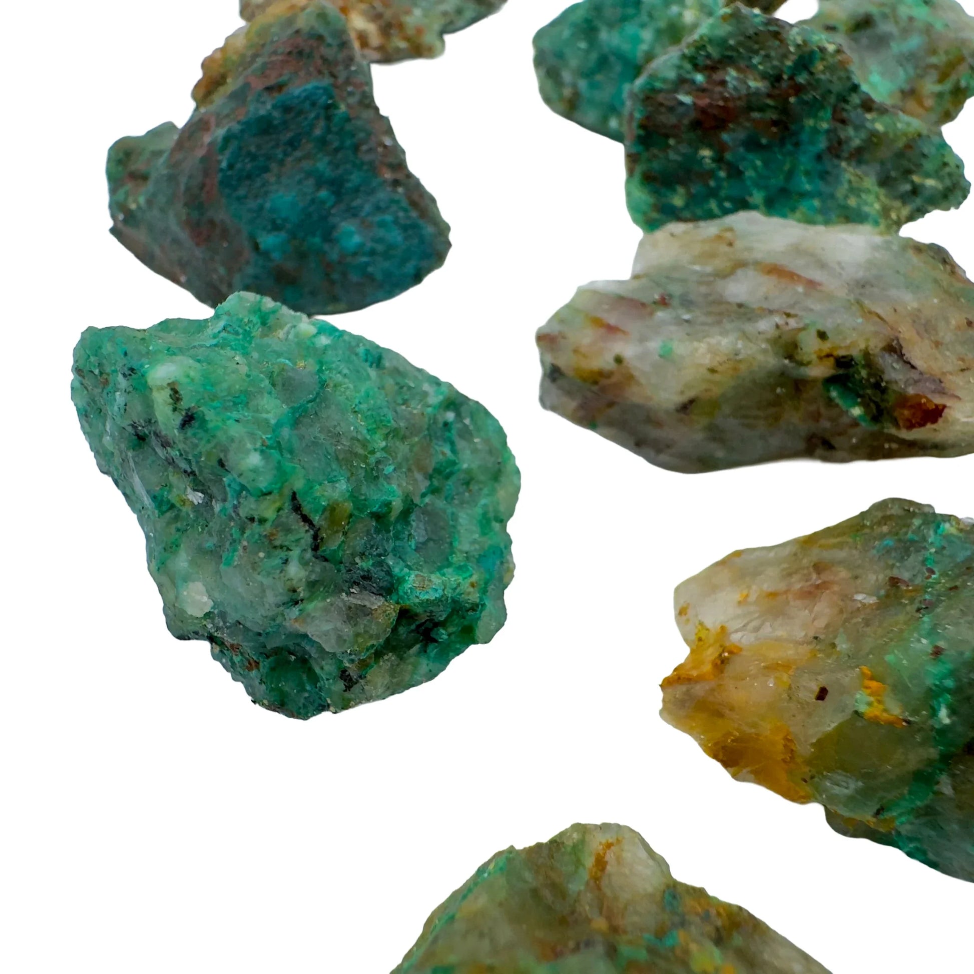 Underside view of Grade A Chrysocolla raw stone, showing honest grain, often paired with practices around Emotional Healing.