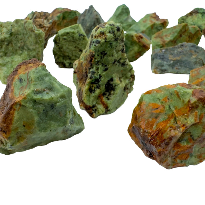 Profile shot of Grade A Chrysoprase raw stone, sourced from Alaotra-Mangoro, Madagascar, kept close for Love and Emotional Healing.