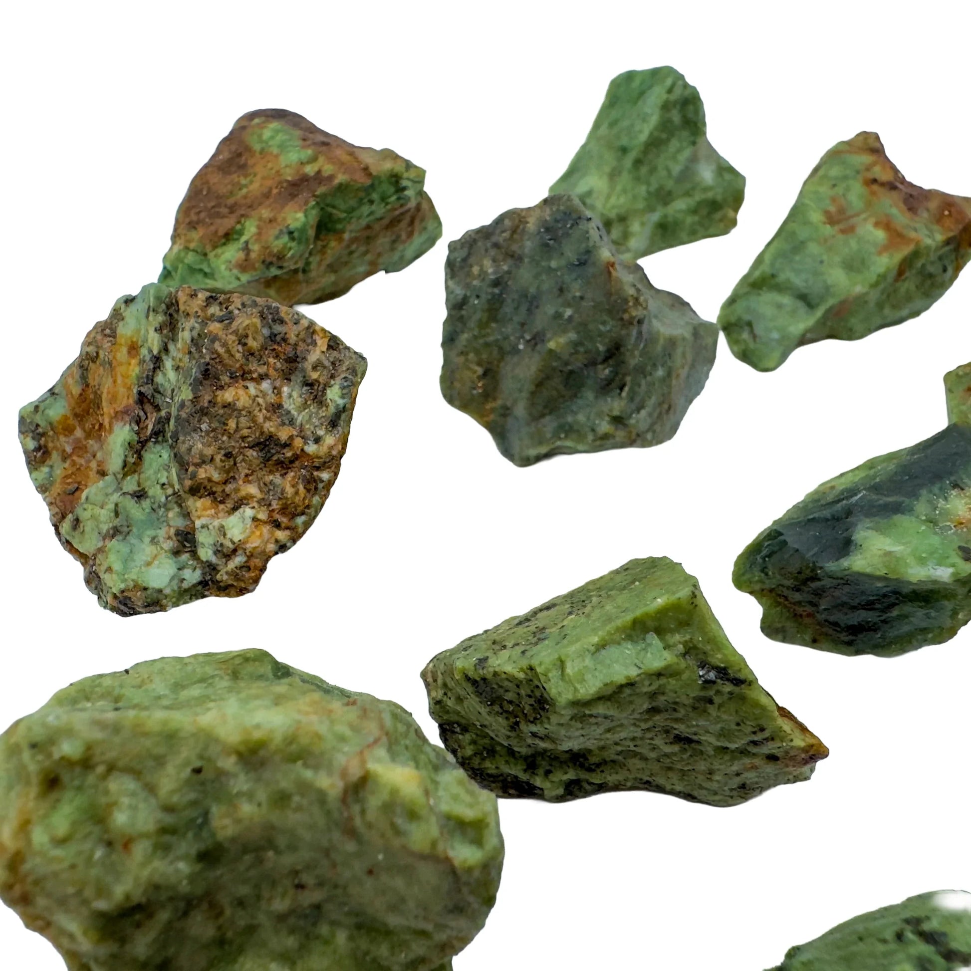 Plan view of Grade A Chrysoprase raw stone, often paired with practices around Love, showing earthy tone.