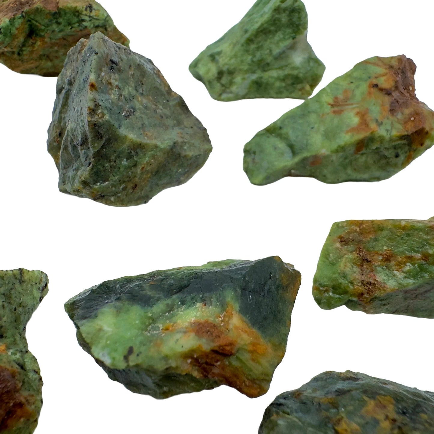 Underside view of Grade A Chrysoprase raw stone, showing open form, from Madagascar.