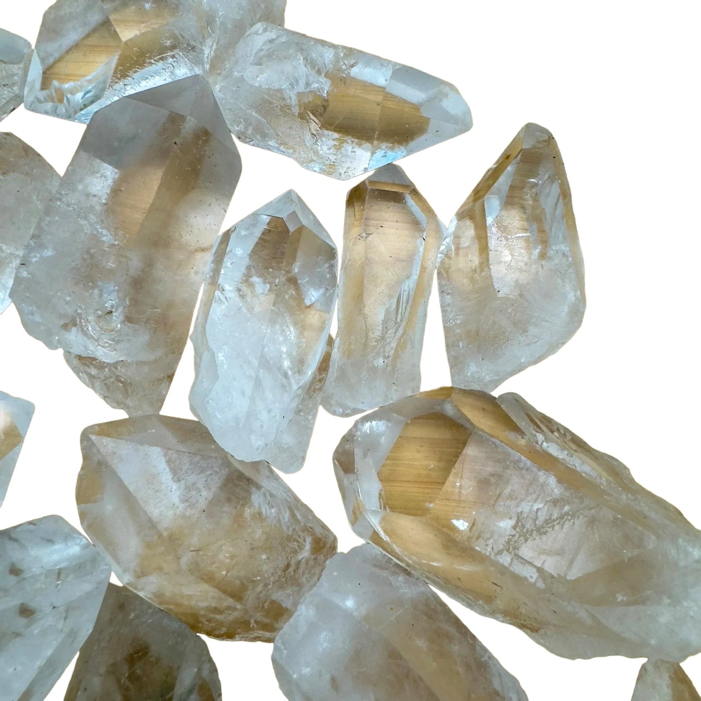 Bird's-eye view of Grade AA Clear Quartz raw point, showing natural texture.