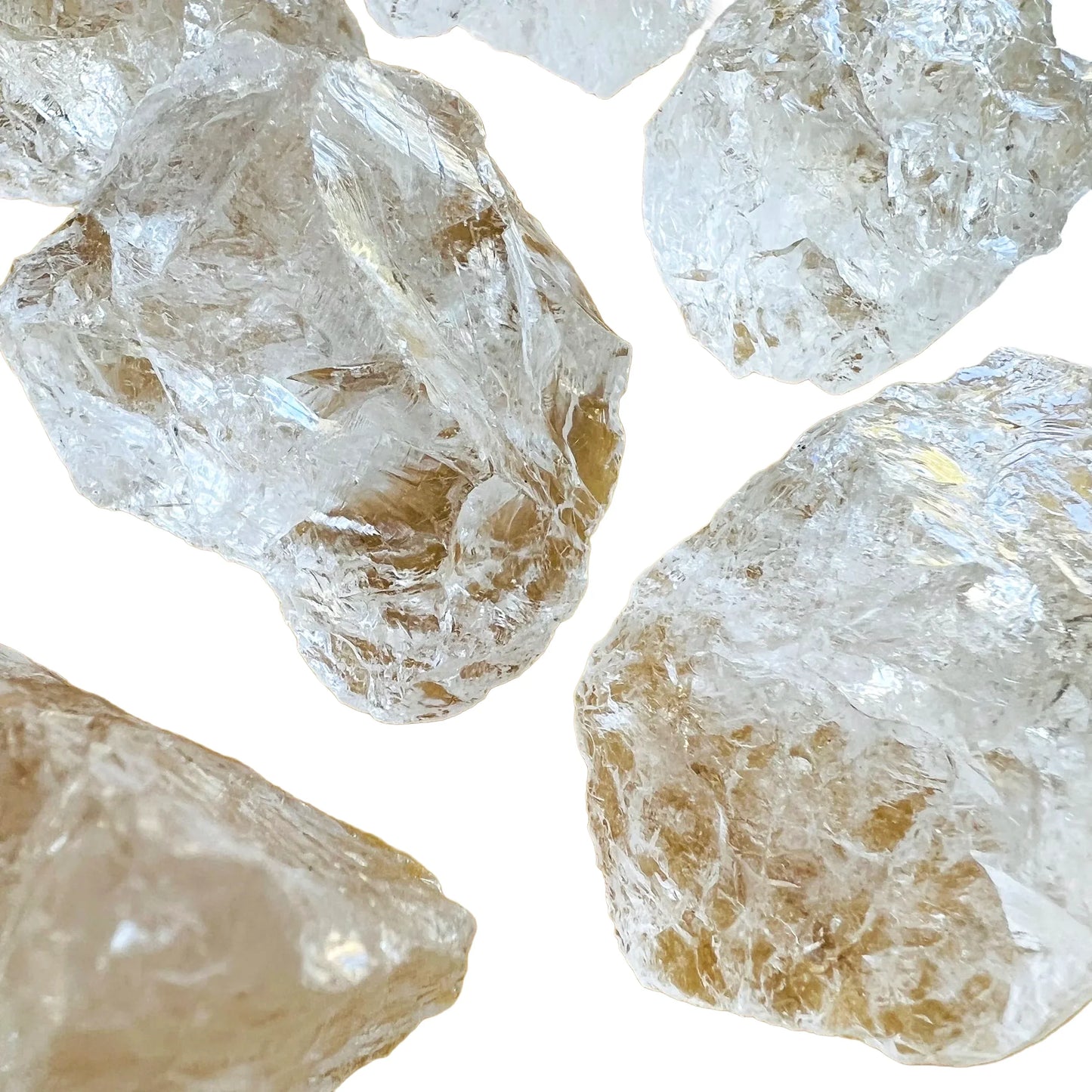 Detail shot showing Clear Quartz raw stone, sourced from Brazil, kept close for Cleansing and Meditation.
