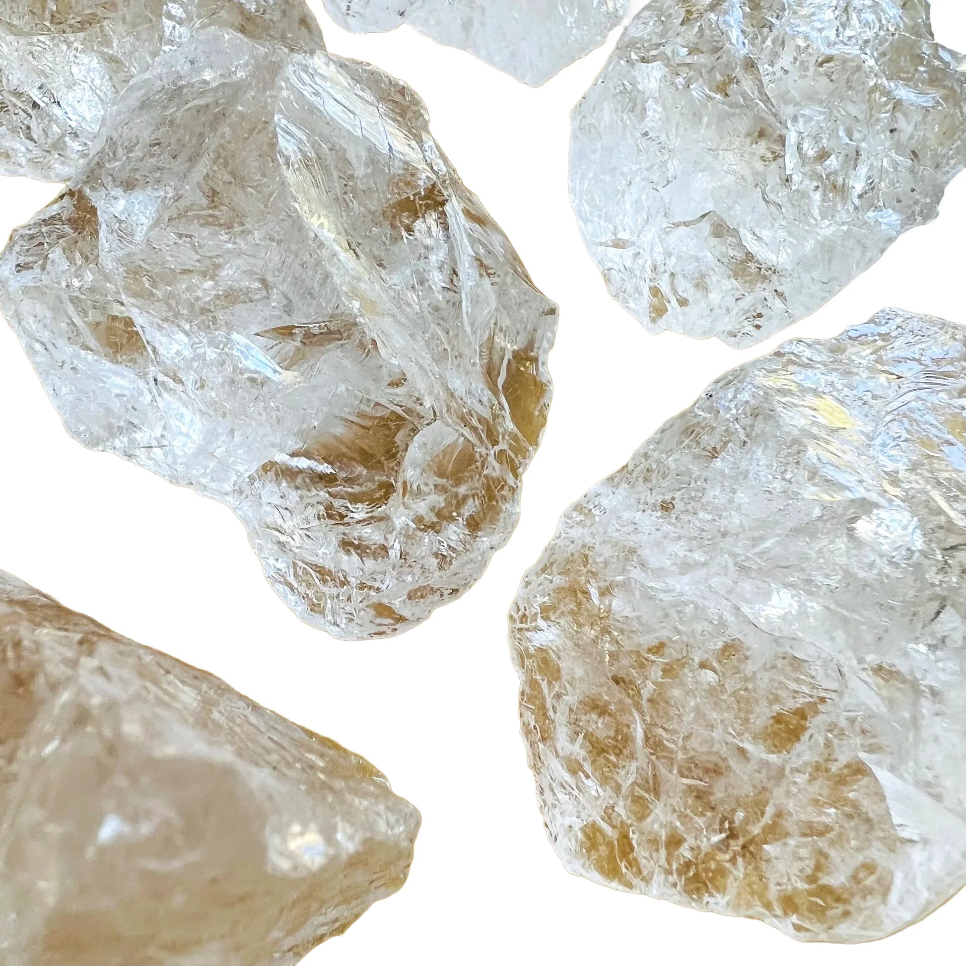 Detail shot showing Clear Quartz raw stone, sourced from Brazil, kept close for Cleansing and Meditation.