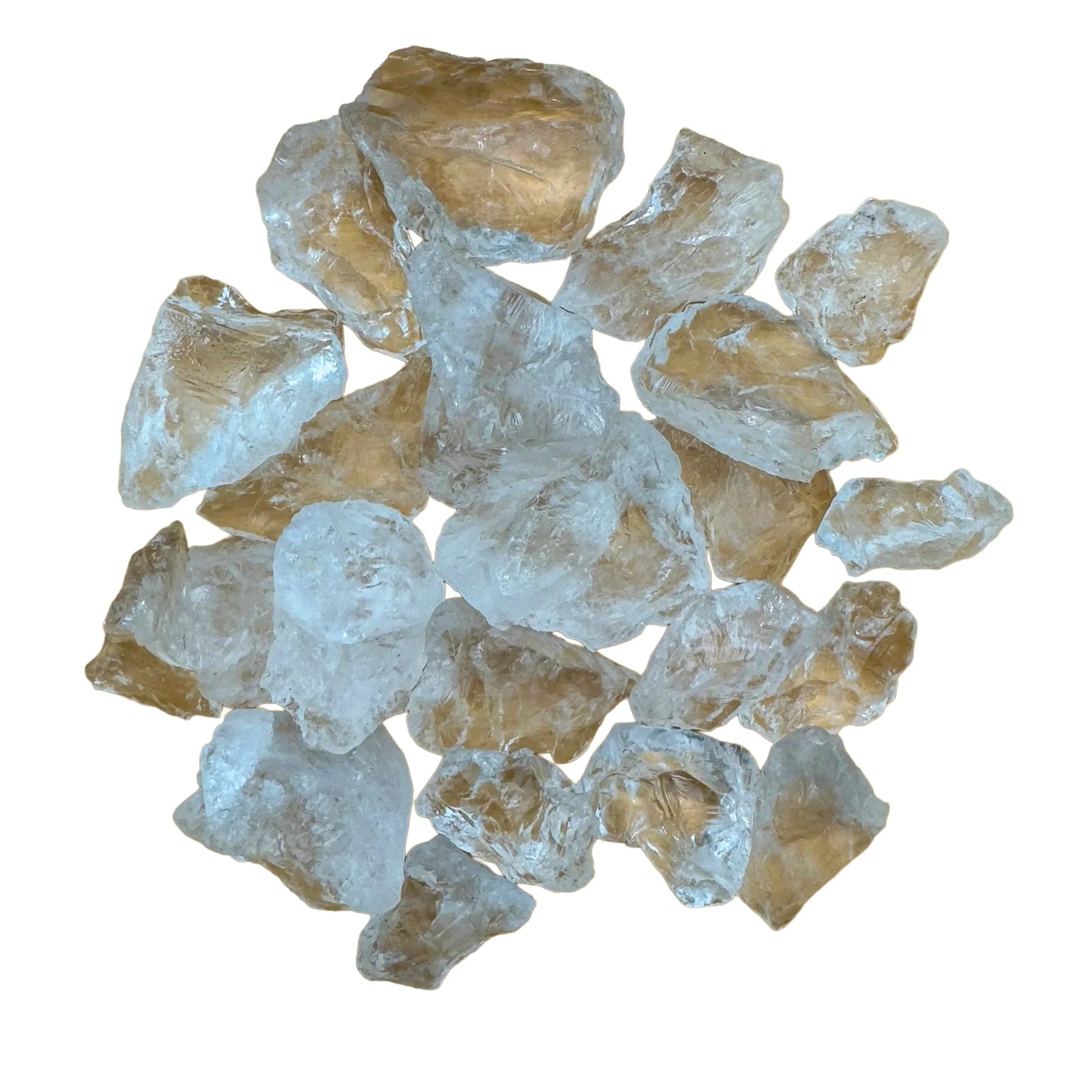 Held in hand, one Clear Quartz raw stone for scale, sourced from Minas Gerais, Brazil.