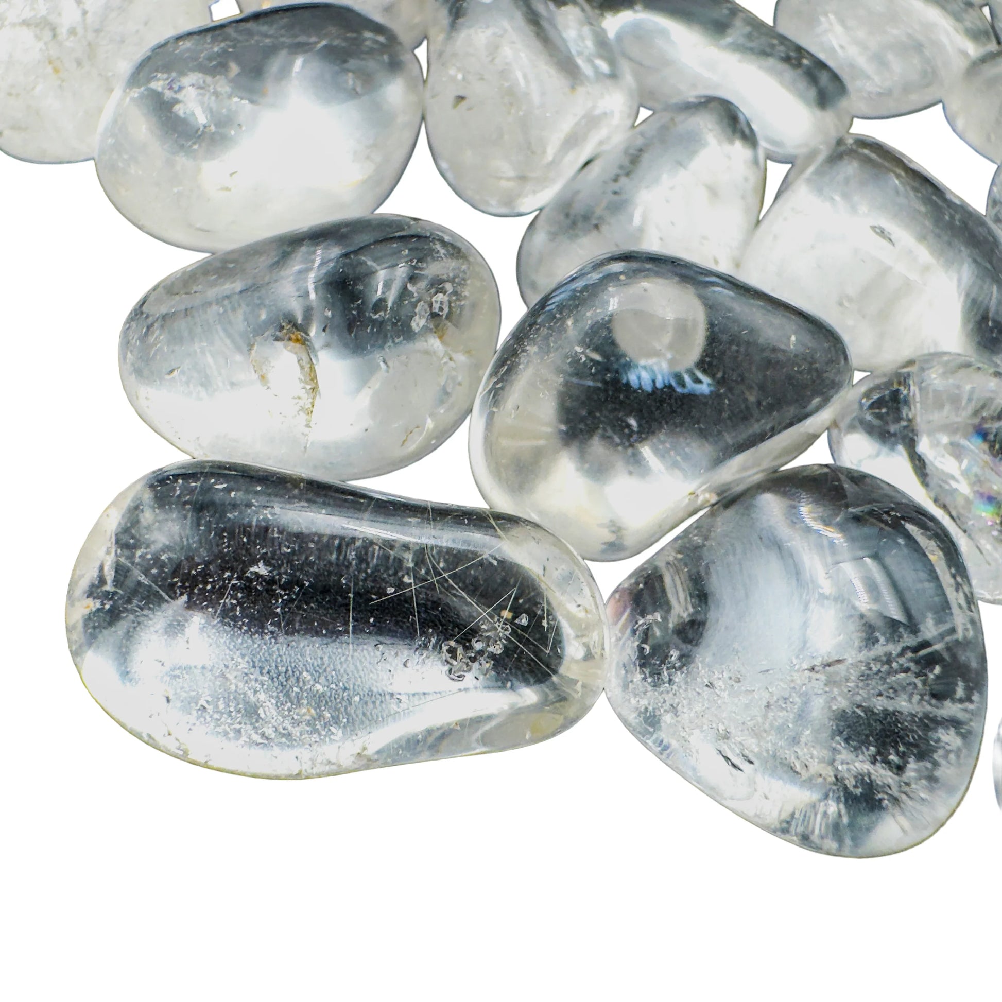 Clear Quartz tumbled stones with translucent crystalline interiors, 5 to 15 grams per piece, AAA grade from Brazil