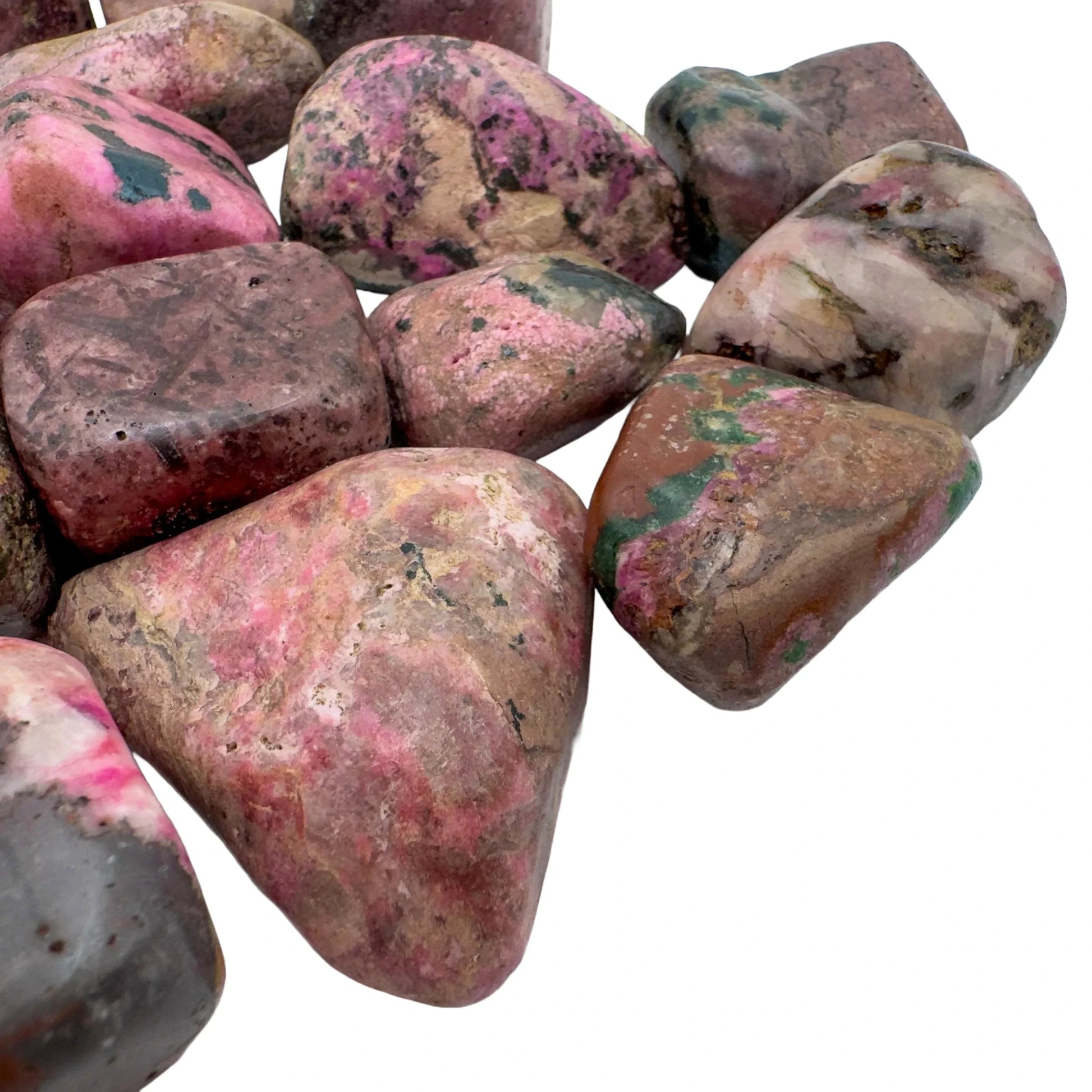 Profile shot of Cobalt Calcite tumbled stone, showing characteristic finish.