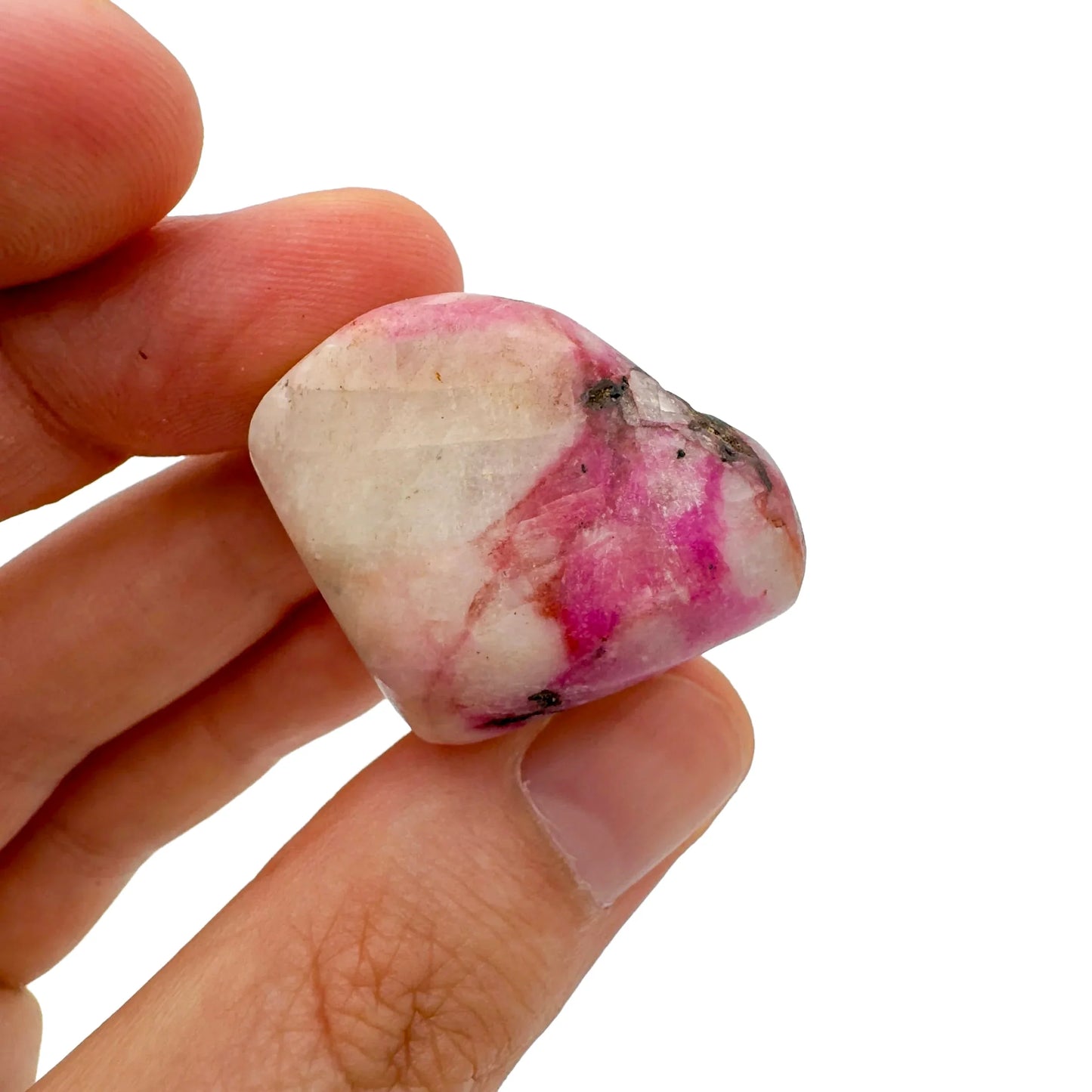Back view of Grade A Cobalt Calcite tumbled stone showing natural surface