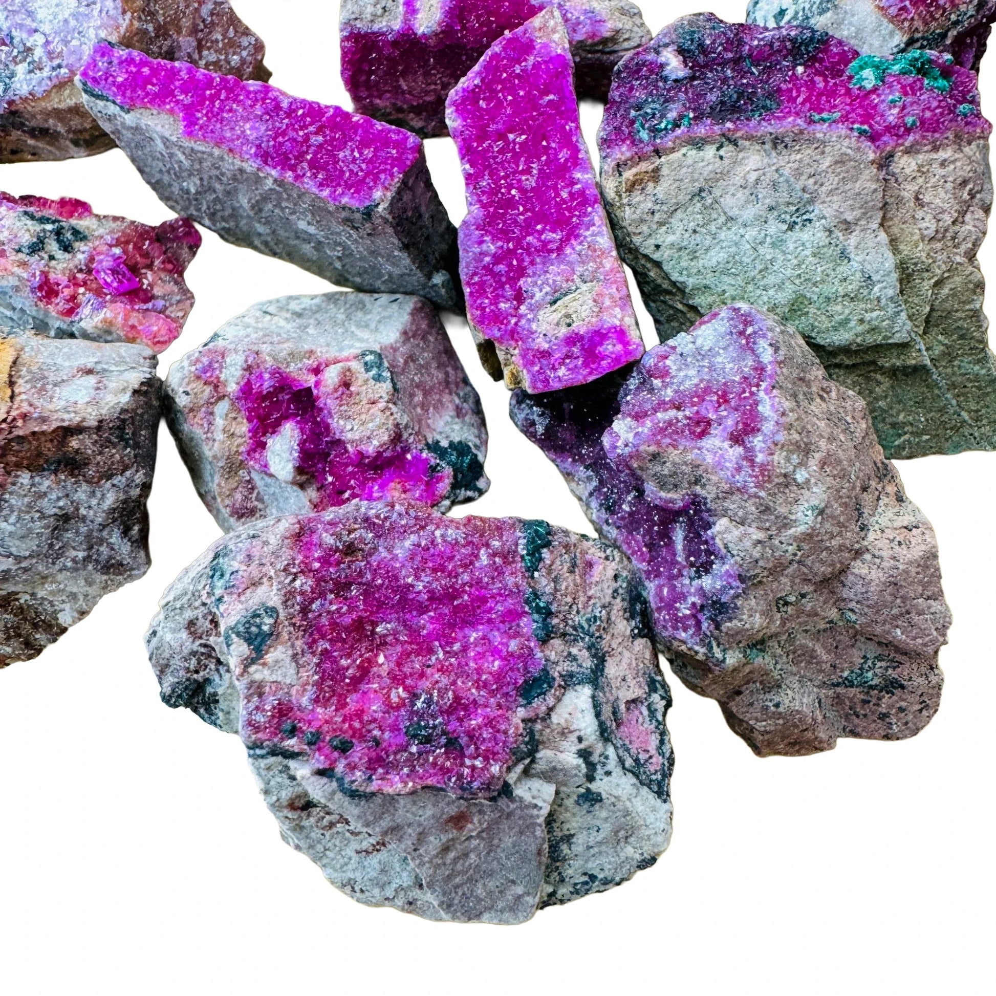 Up-close view of Grade AA Cobalt Calcite raw stone, Democratic Republic of the Congo-sourced, worked with for Love.