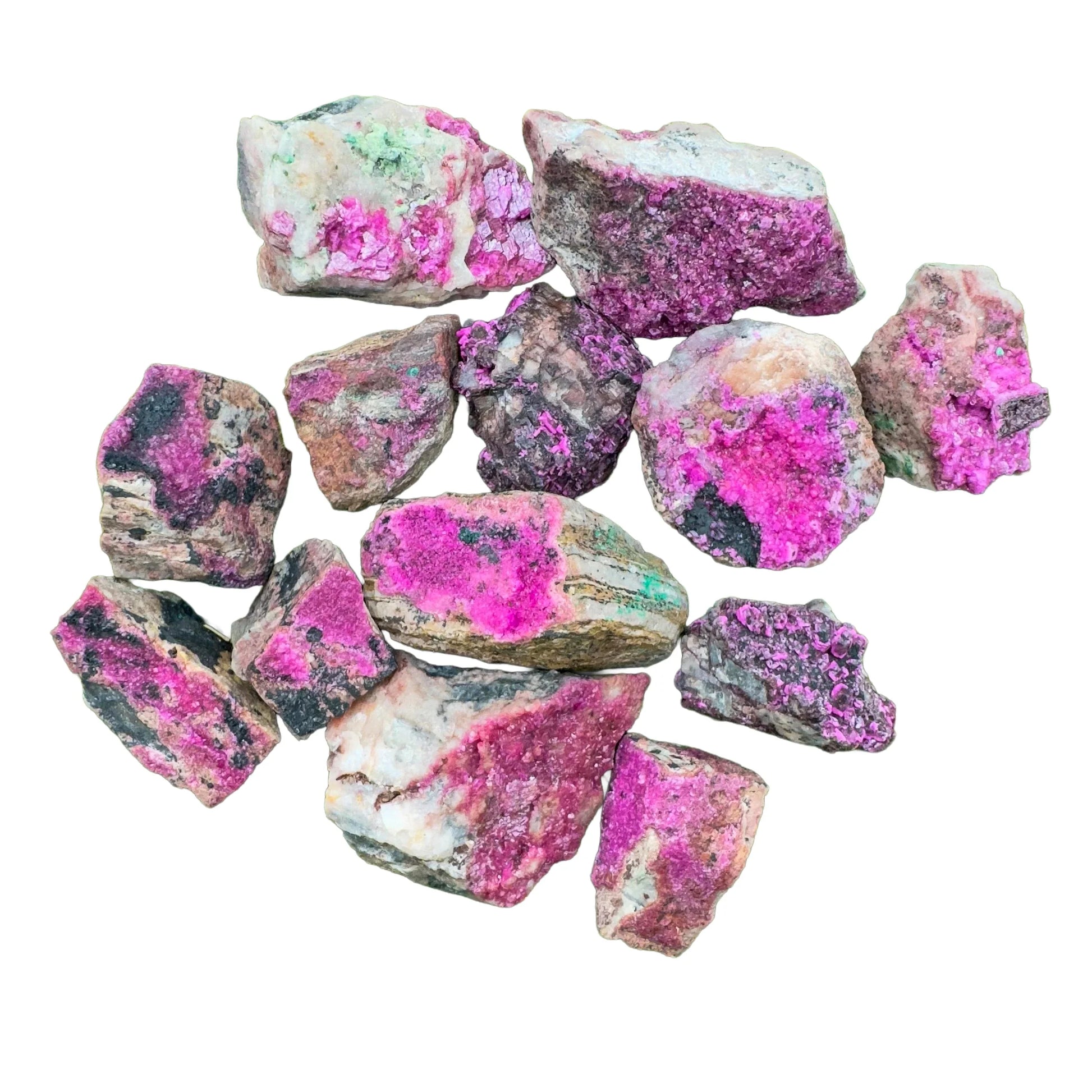 Natural light view of a Cobalt Calcite raw stone, sourced from Democratic Republic of the Congo.
