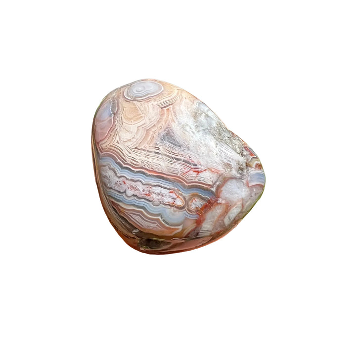 Near view of Crazy Lace Agate tumbled stone, sourced from Mexico, showing glassy finish.