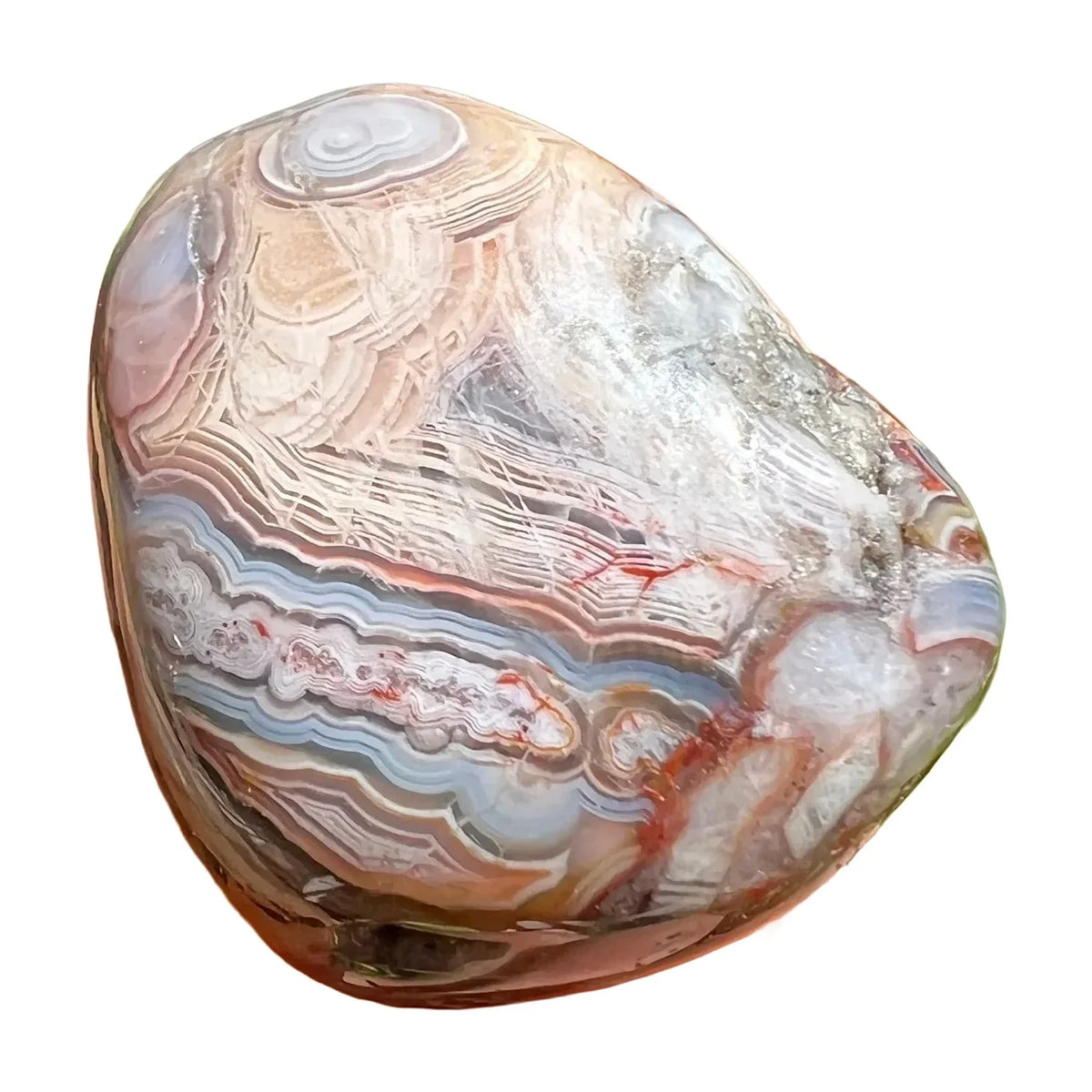 Near view of Crazy Lace Agate tumbled stone, sourced from Mexico, showing glassy finish.