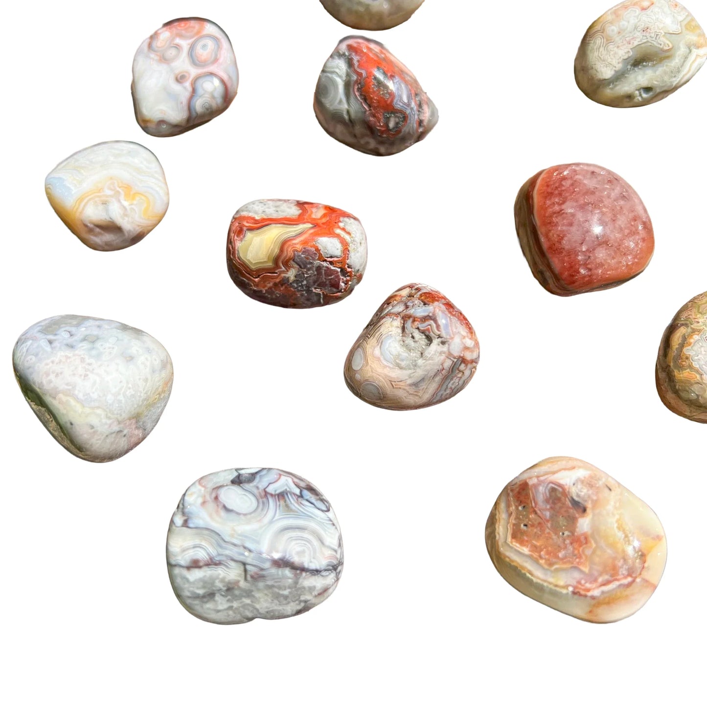 Full profile of Grade AA Crazy Lace Agate tumbled stone ready to ship from Beyond Bohemian
