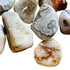Close-up of Grade A Crazy Lace Agate tumbled stone, showing translucent edges, sourced from Mexico.