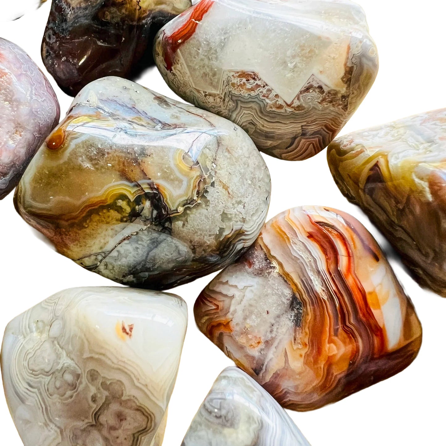 Underside detail of Crazy Lace Agate tumbled stone, from Chihuahua, Mexico.