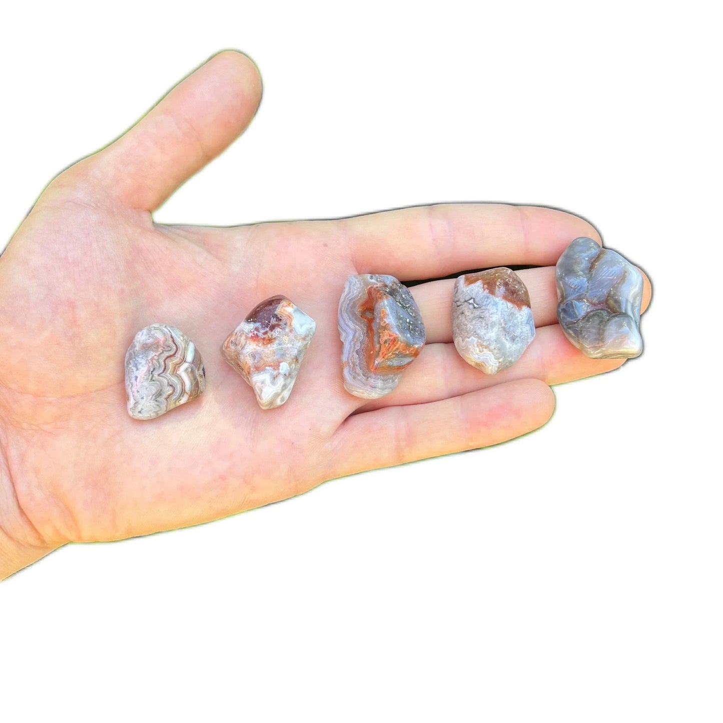 Back view of Grade A Crazy Lace Agate tumbled stone showing natural surface