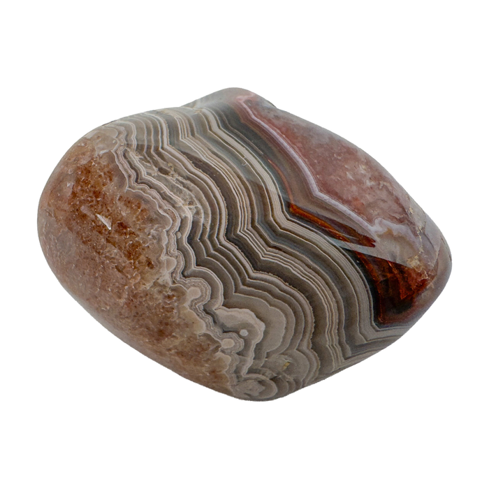 Crazy Lace Agate Tumbled Stones, A Grade, Mexico: one representative stone on a white background