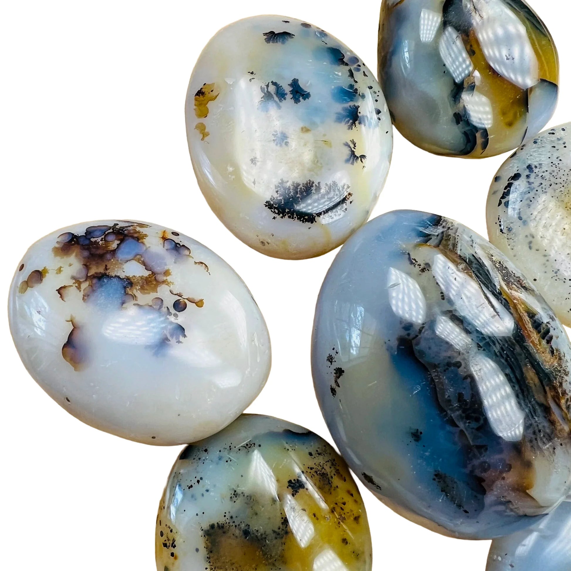 Profile shot of white Dendritic Agate palm stone, showing natural inclusions, linked to Grounding and Healing.