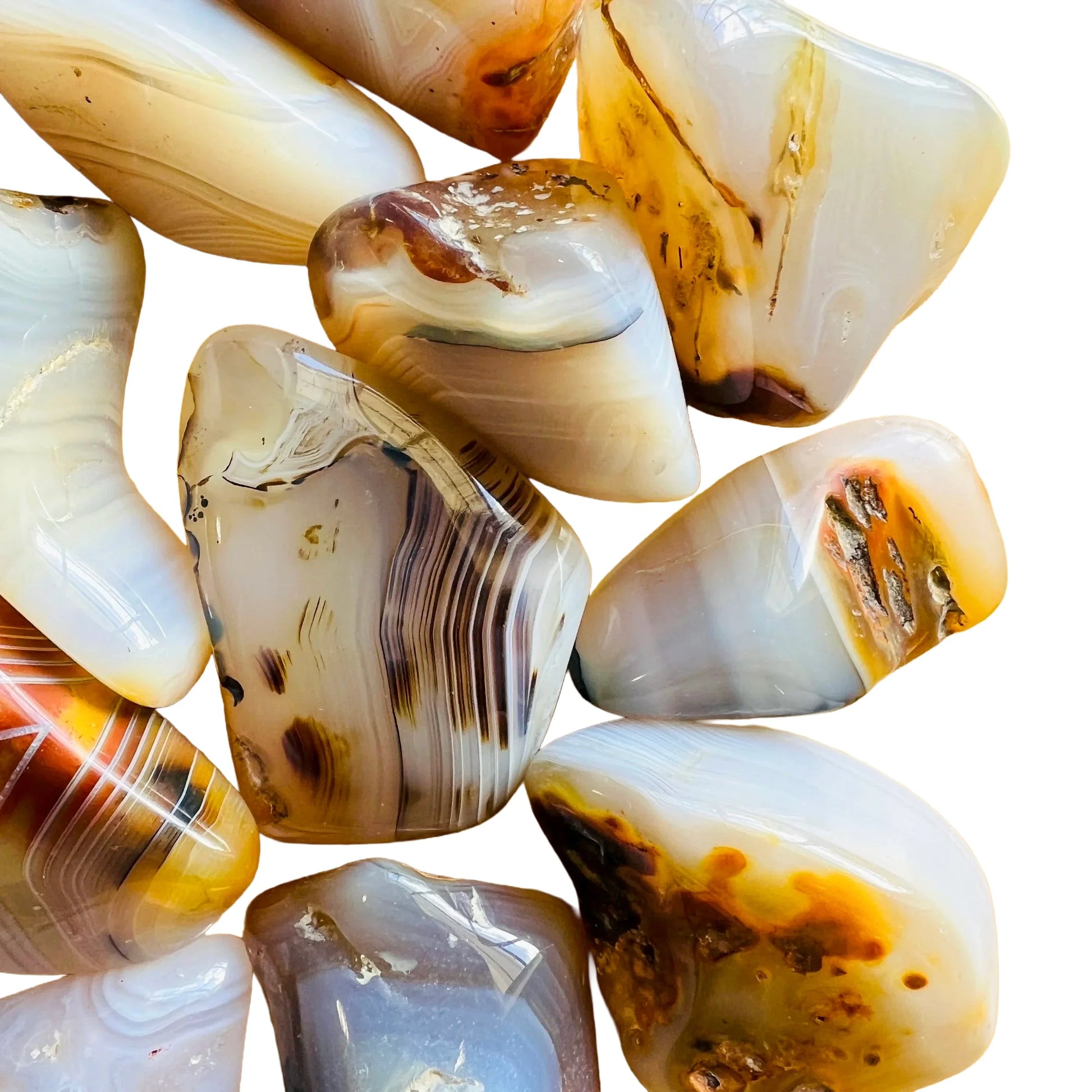 Underside detail of Dendritic Agate tumbled stone, showing natural sheen.