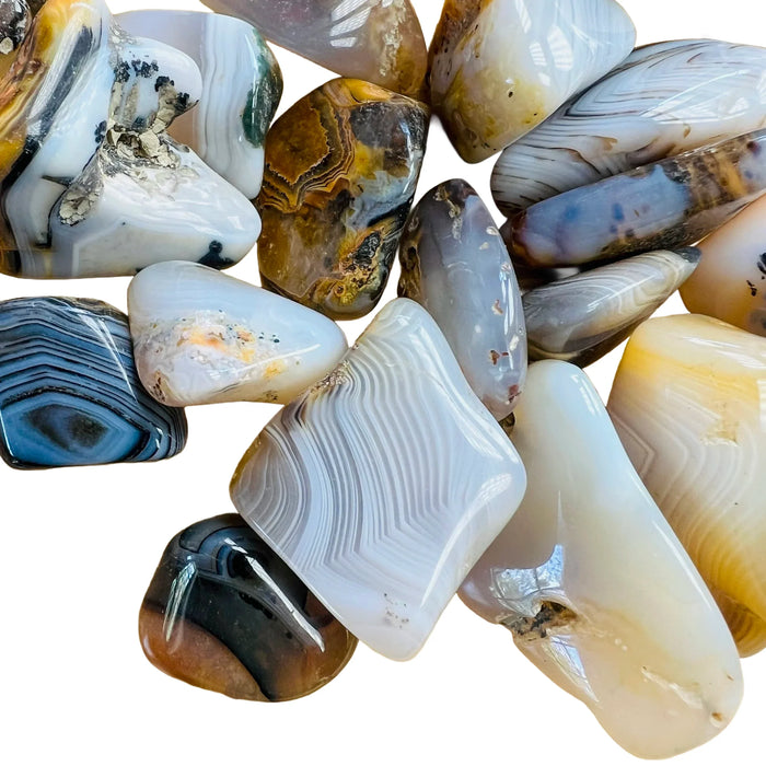 Plan view of Dendritic Agate tumbled stone, showing natural sheen, often kept for Grounding.